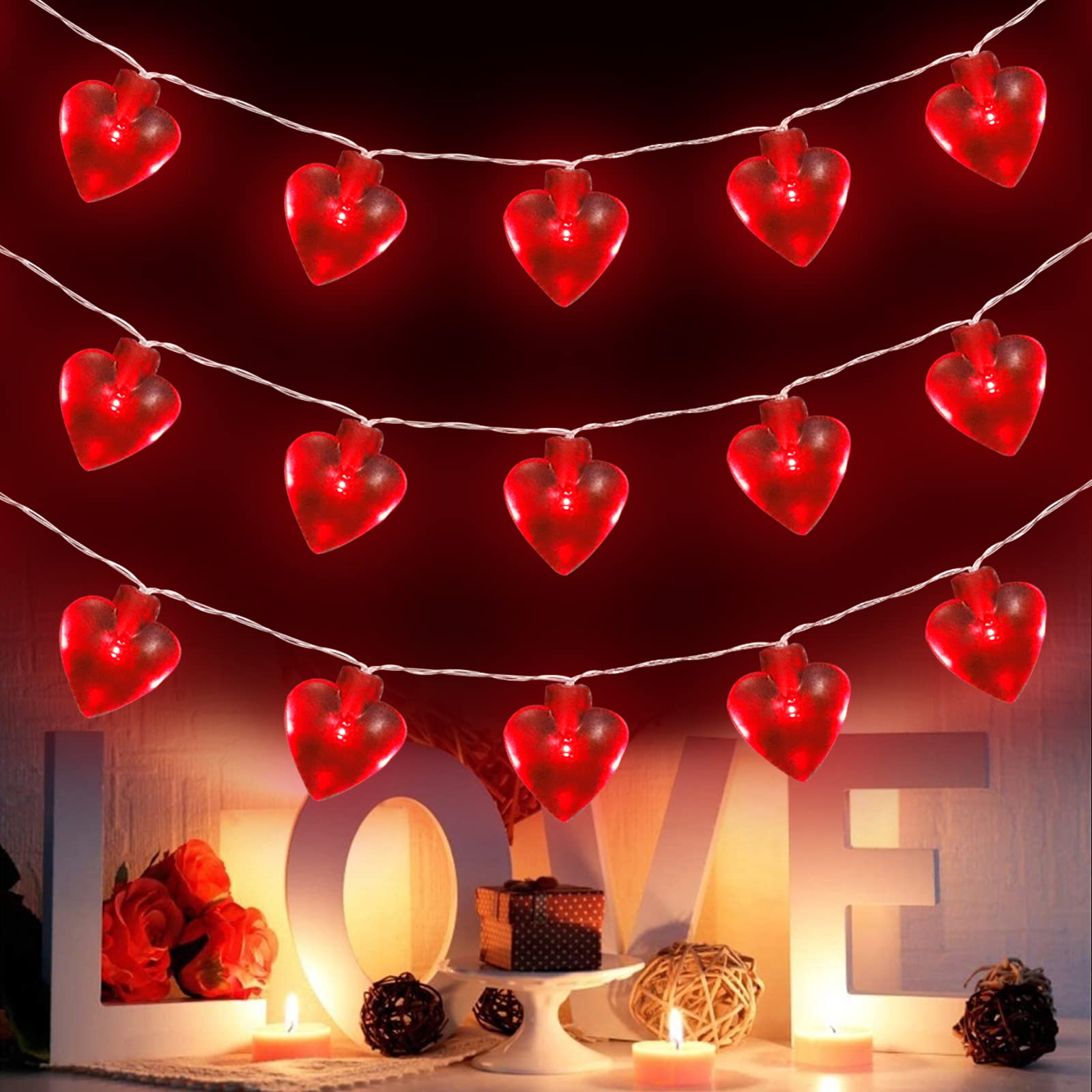 Valentine's Day Heart String Lights - 14.5ft 40LED Battery Operated Fairy Lights with 8 Modes, Romantic Heart Shaped Lights for Indoor Outdoor Decor, Home, Wedding, Party, and Garden Lighting