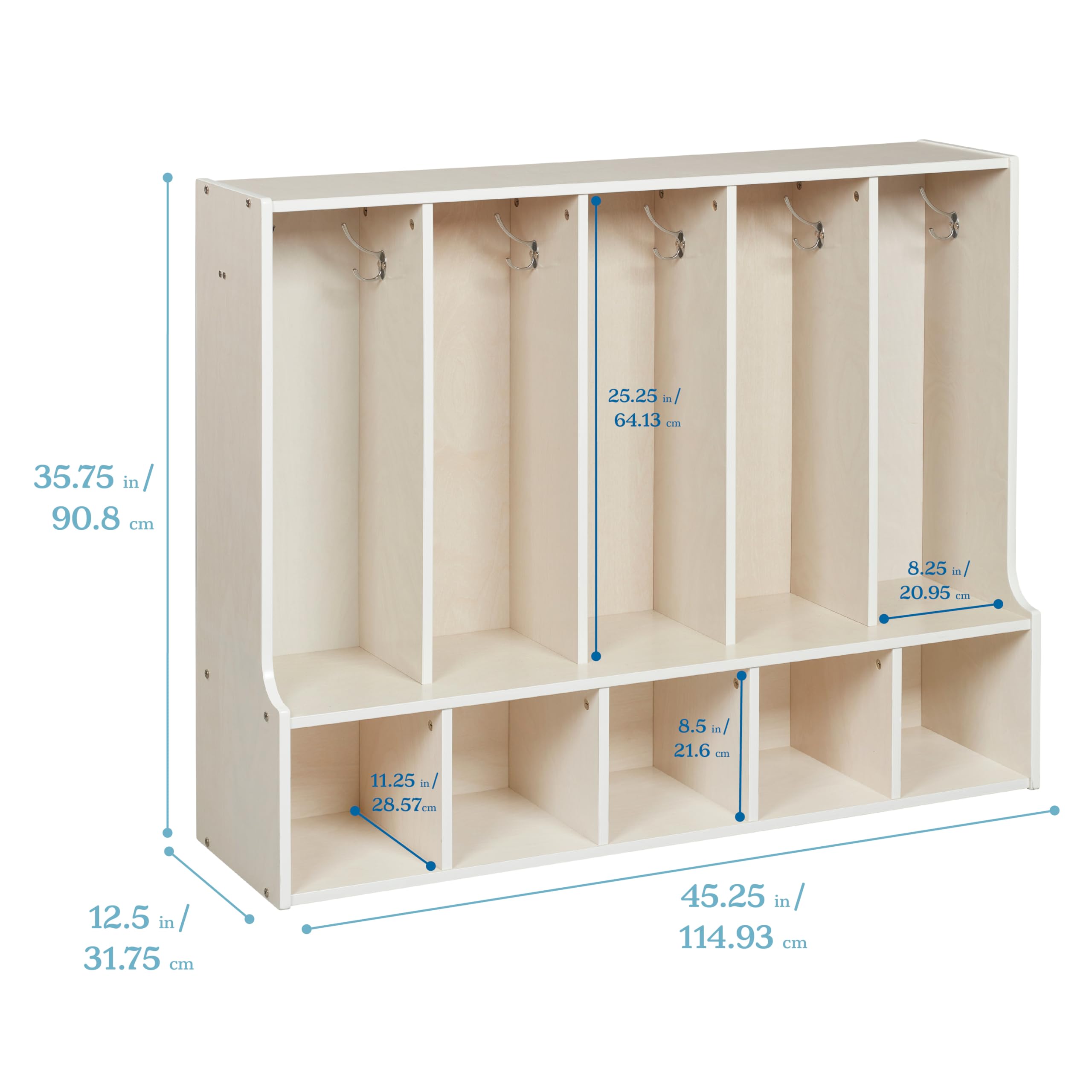 ECR4Kids White Wash 5-Section Toddler Coat Locker with Bench - Durable Classroom Storage Furniture for Preschool, Daycare & Home Entryway Organization