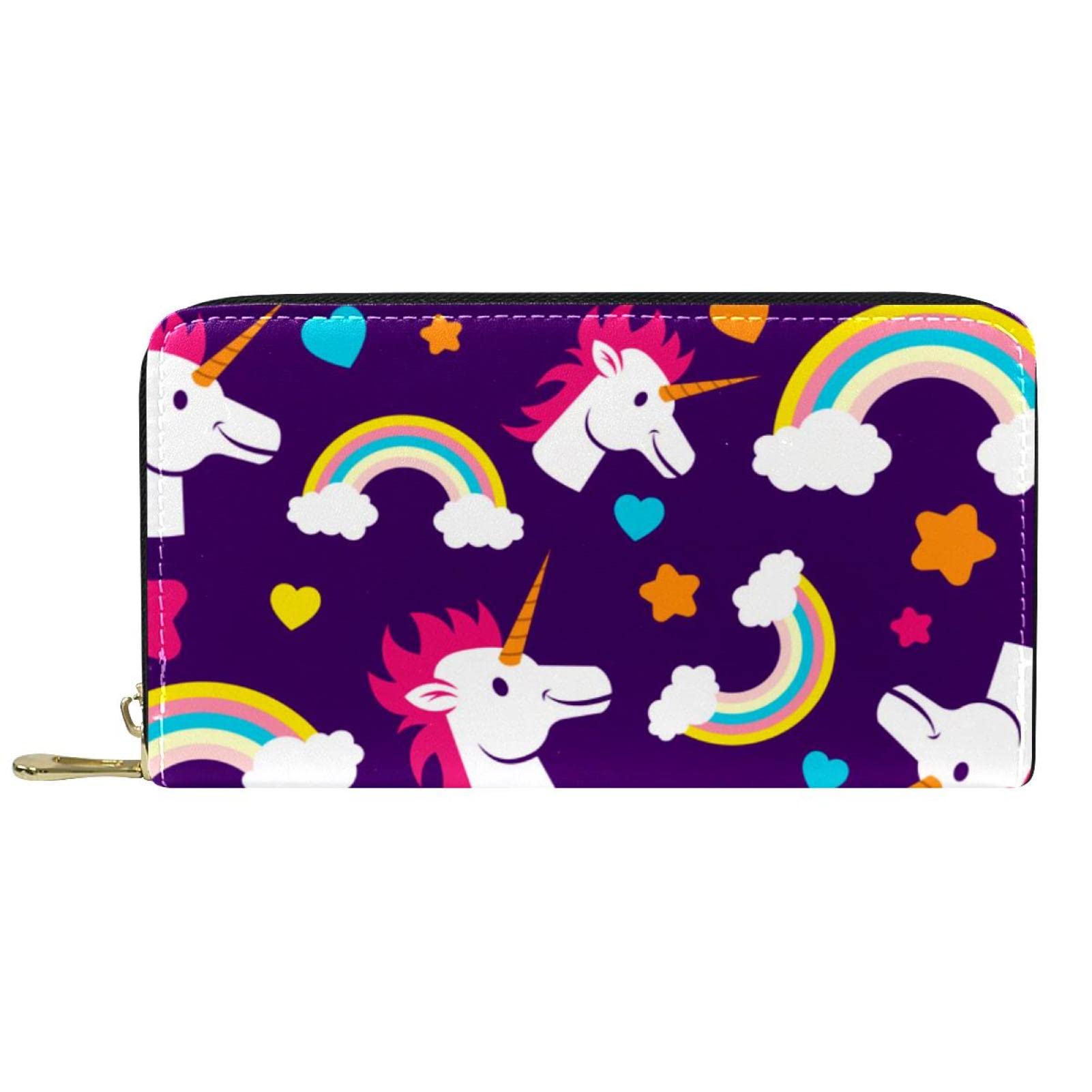 Stylish Unicorn Rainbow Heart Leather Wallet for Women & Men - Classic Long Clutch with Card Slots & Coin Purse - Travel Money Bag for Daily Use, Shopping & Gifting (Colorful Cartoon Star Pattern)