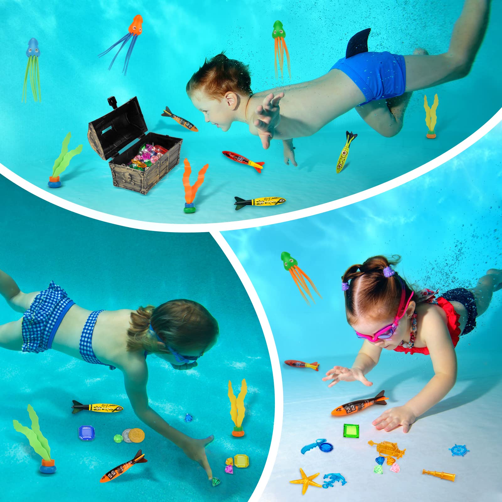 **58Pcs Pool Diving Toys Set with Treasure Chest, Torpedoes, Gems & More - Fun Underwater Adventure for Kids 3+ (Bronze) - Perfect for Pool Parties, Summer Fun & Swimming Games**