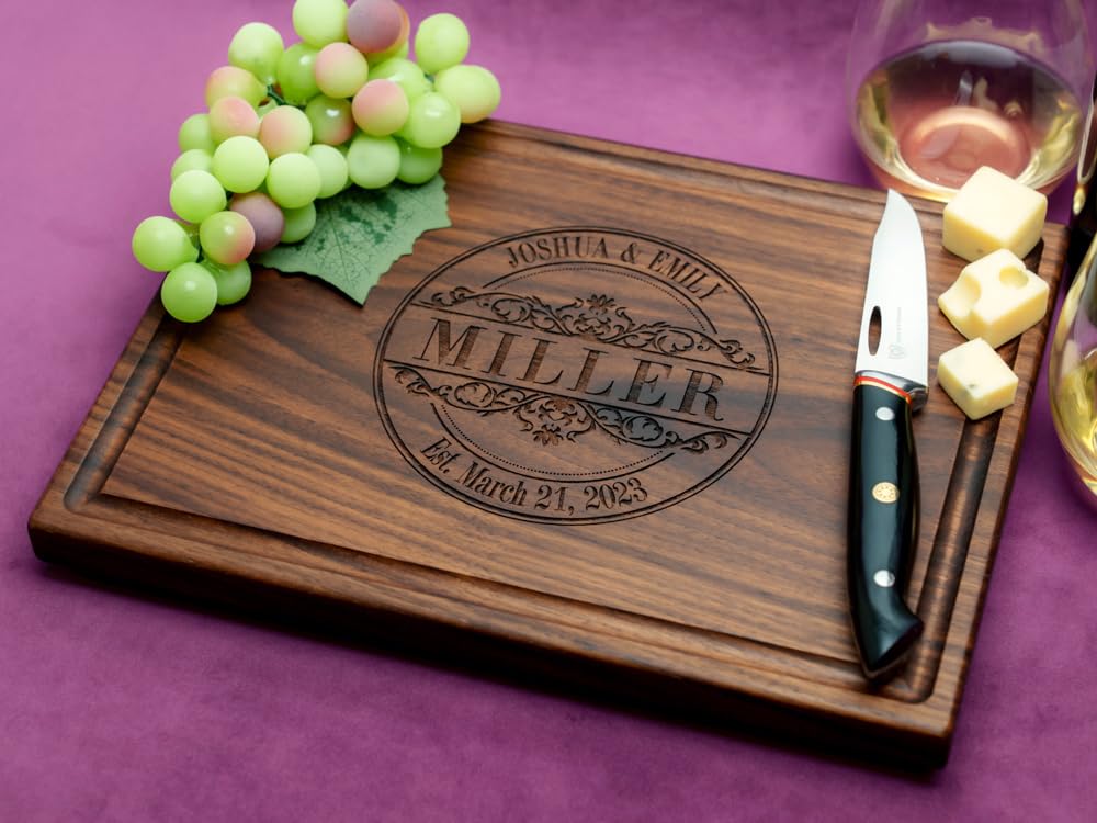 Personalized Wood Engraved Cutting Board - Custom Wedding, Anniversary & Housewarming Gift for Couples - Handmade Charcuterie Board with Round Stamp Design - Perfect for Entertaining, Cheese Platters & Kitchen Decor (Style No.010)