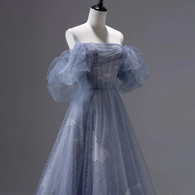 Elegant Blue Off Shoulder Tulle Long Prom Dress - A-Line Formal Evening Party Gown for Women | Perfect for Homecoming, Prom Night & Special Occasions