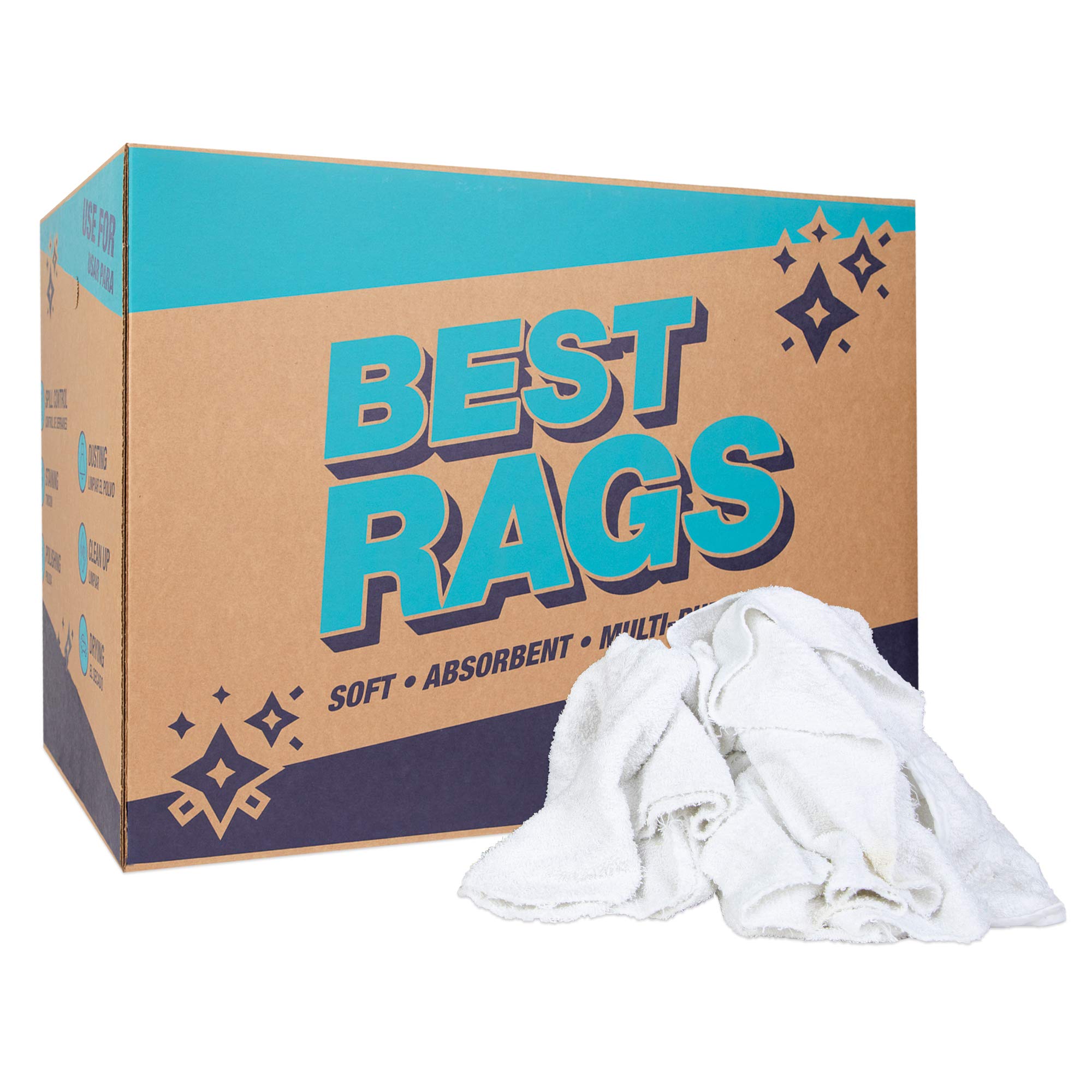 Arkwright White Terry Cloth Rags (50lb Bulk Pack) - 20x20 to 24x24 Inch Large Cleaning Rags | Multi-Purpose Shop Towels for Garage, Restaurant & Home Use | Heavy-Duty Washcloths for Industrial Cleaning, Auto Detailing & Commercial Kitchens