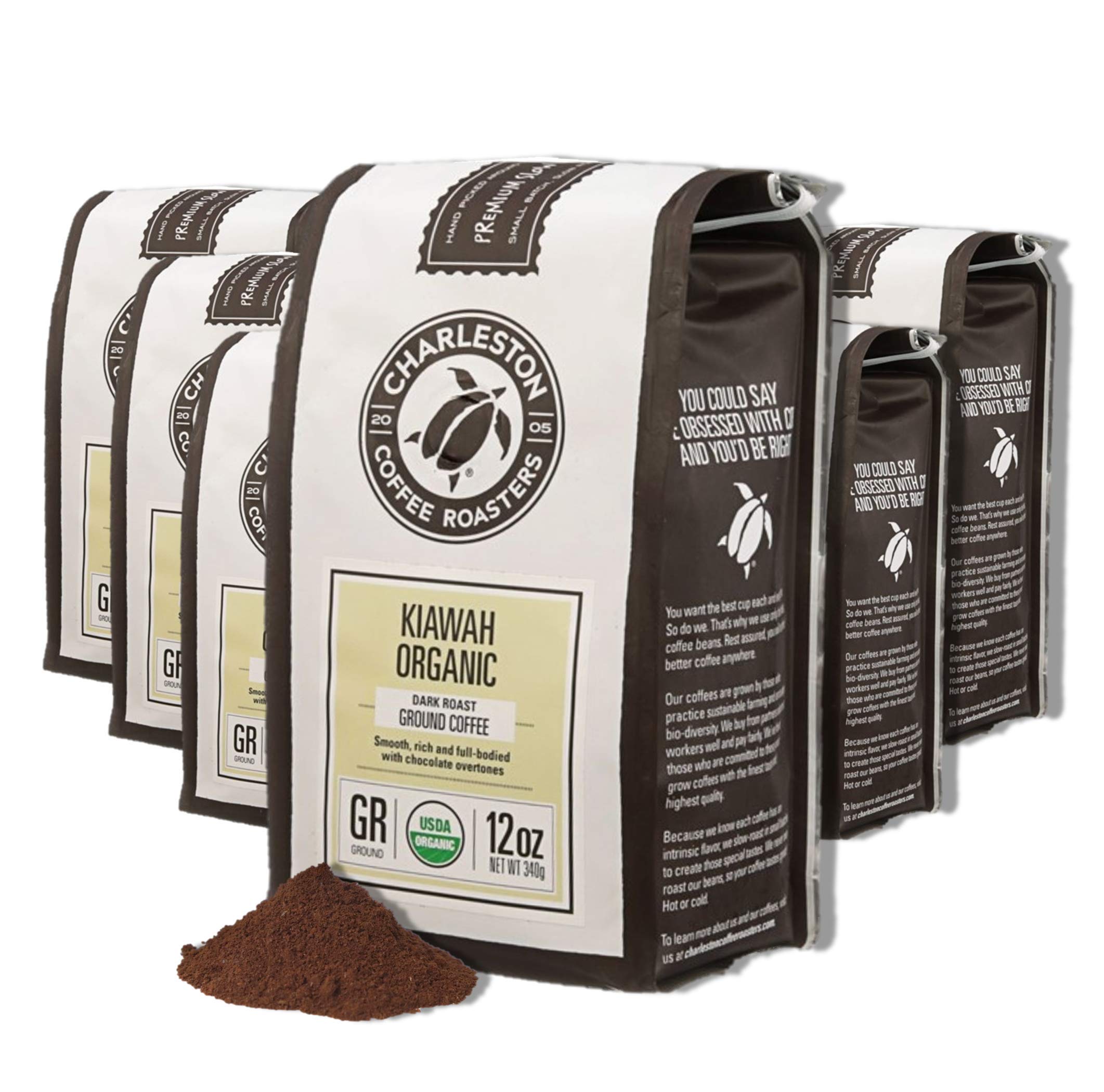 Charleston Coffee Roasters Organic Ground Coffee - Specialty Premium Slow Roast, Hand Picked Dark Roast (Kiawah) 12oz, 6 Pack - Perfect for Home Brewing, Office Use & Gifts