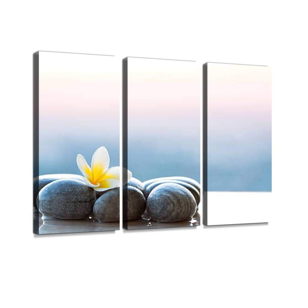 BELISIIS Framed Canvas Wall Art - 3 Panel Plumeria Flower & Stones Spa Background Massage Room Decor, Vintage Photography Painting Print, Ready to Hang Home Decor for Living Room, Bedroom & Office
