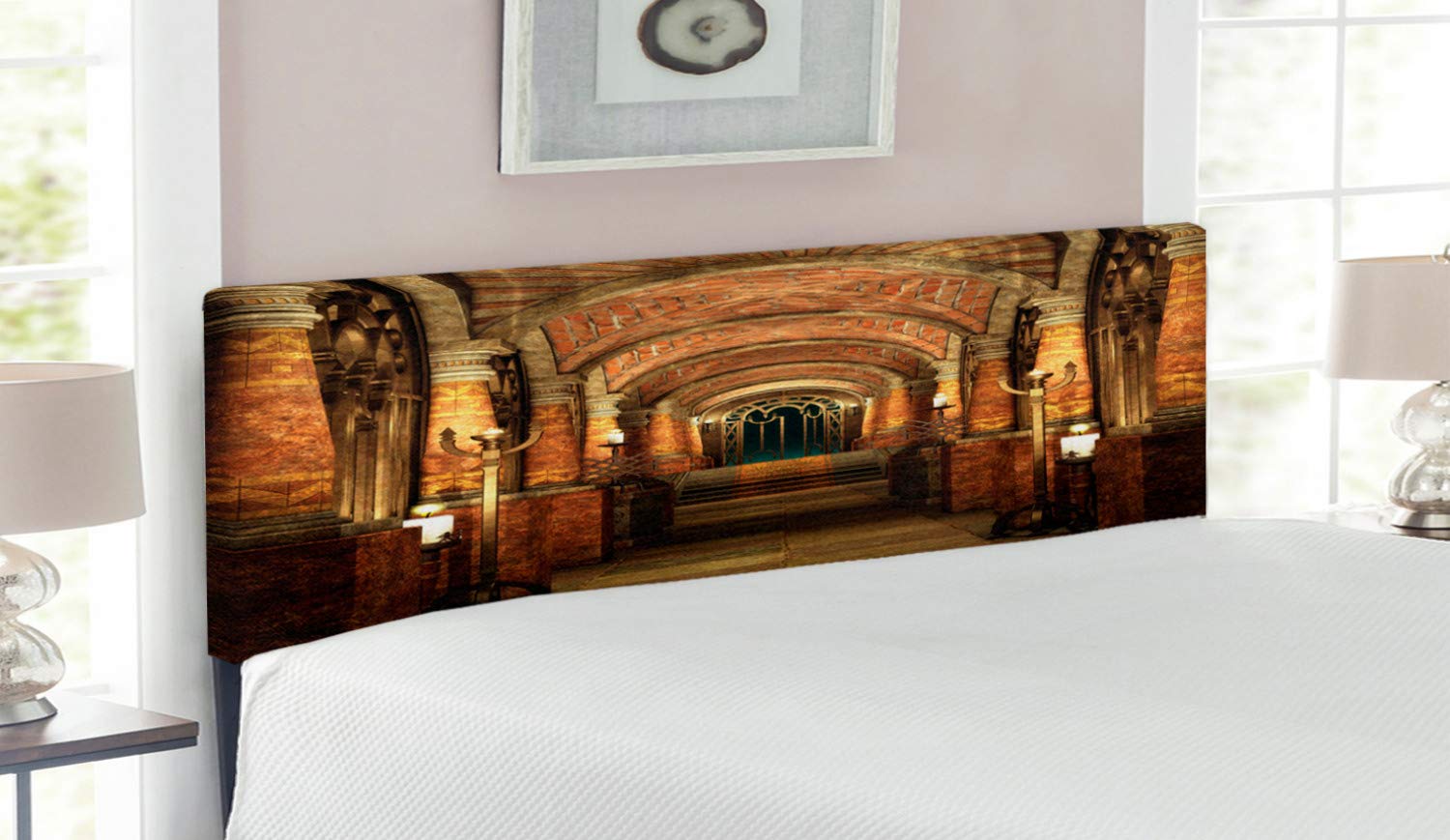 Ambesonne Gothic Upholstered Headboard - Medieval Passage Stairways Design with Memory Foam, Queen Size Brown & Red Metal Bed Frame - Perfect for Gothic Bedroom Decor, Vampire Theme Rooms & Medieval Castle Style Interiors