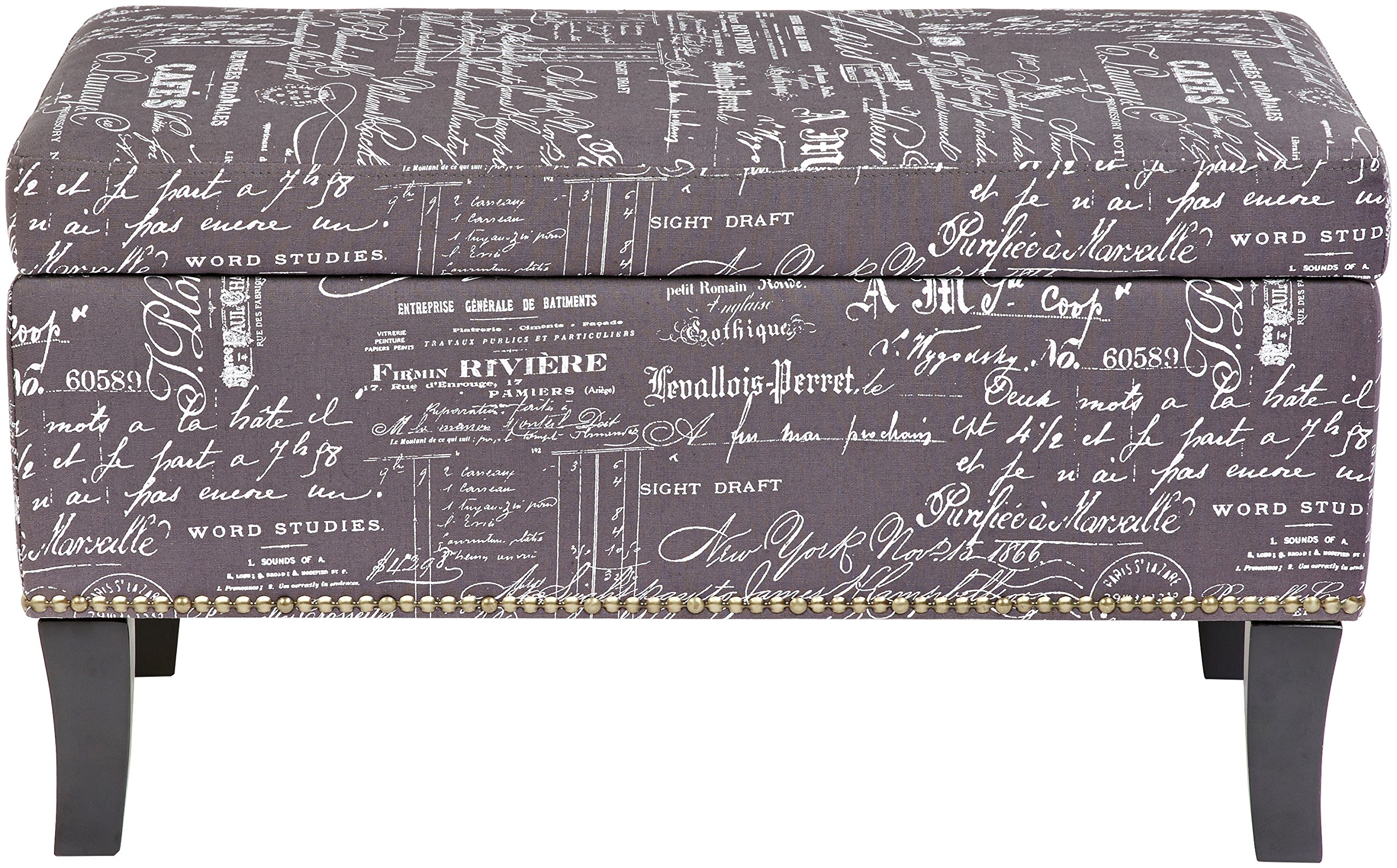 FIRST HILL FHW Endora Rectangular Fabric Storage Ottoman with Script-Style Pattern - Storm Grey | Multi-Purpose Storage Bench for Living Room, Bedroom & Entryway | Space-Saving Home Decor
