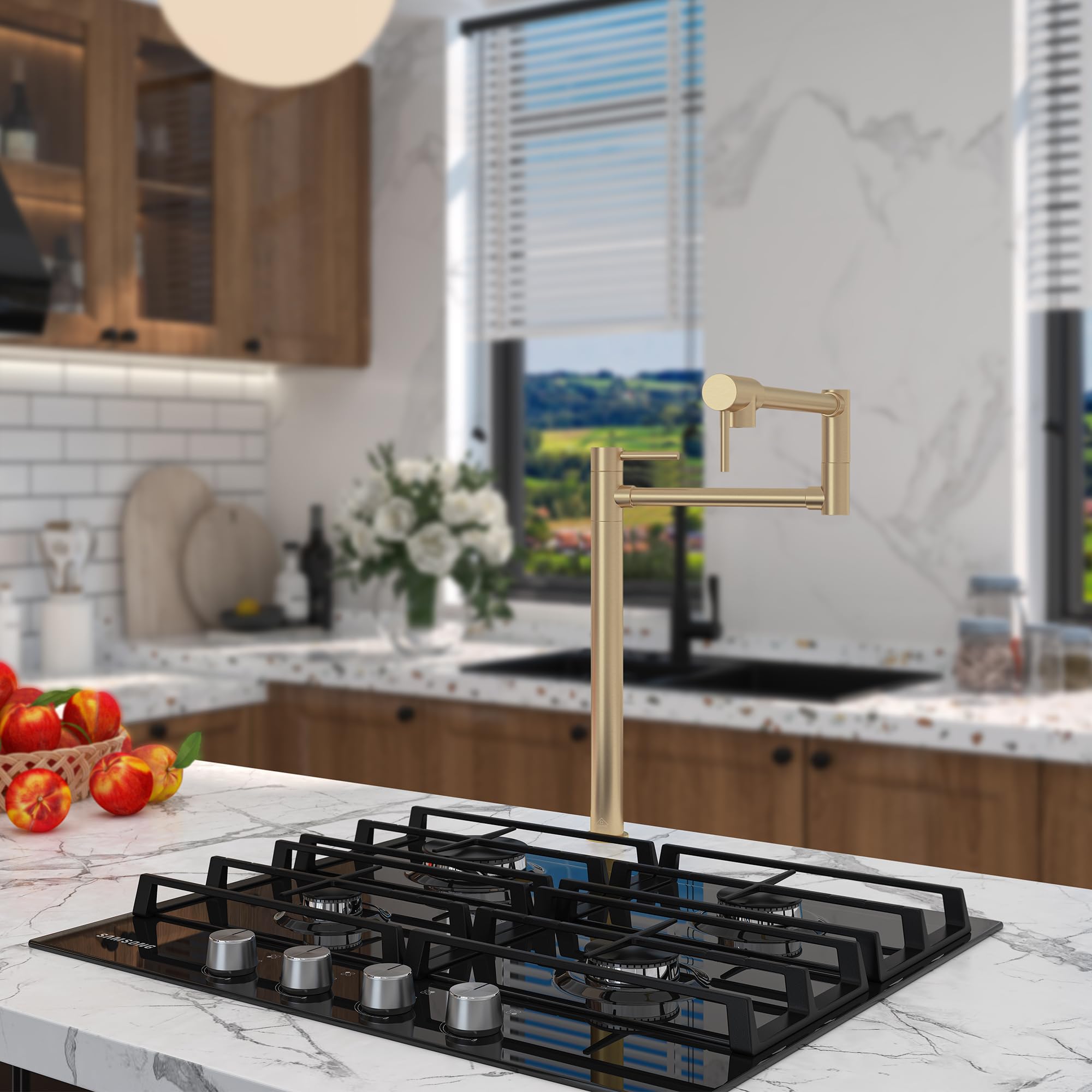 CASAINC Brushed Gold Pot Filler Deck Mount Kitchen Faucet - 2 Handle Folding Faucet with Adjustable Swing Arms for Stove - Perfect for Cooking, Filling Pots & Kitchen Tasks (Brass Construction)