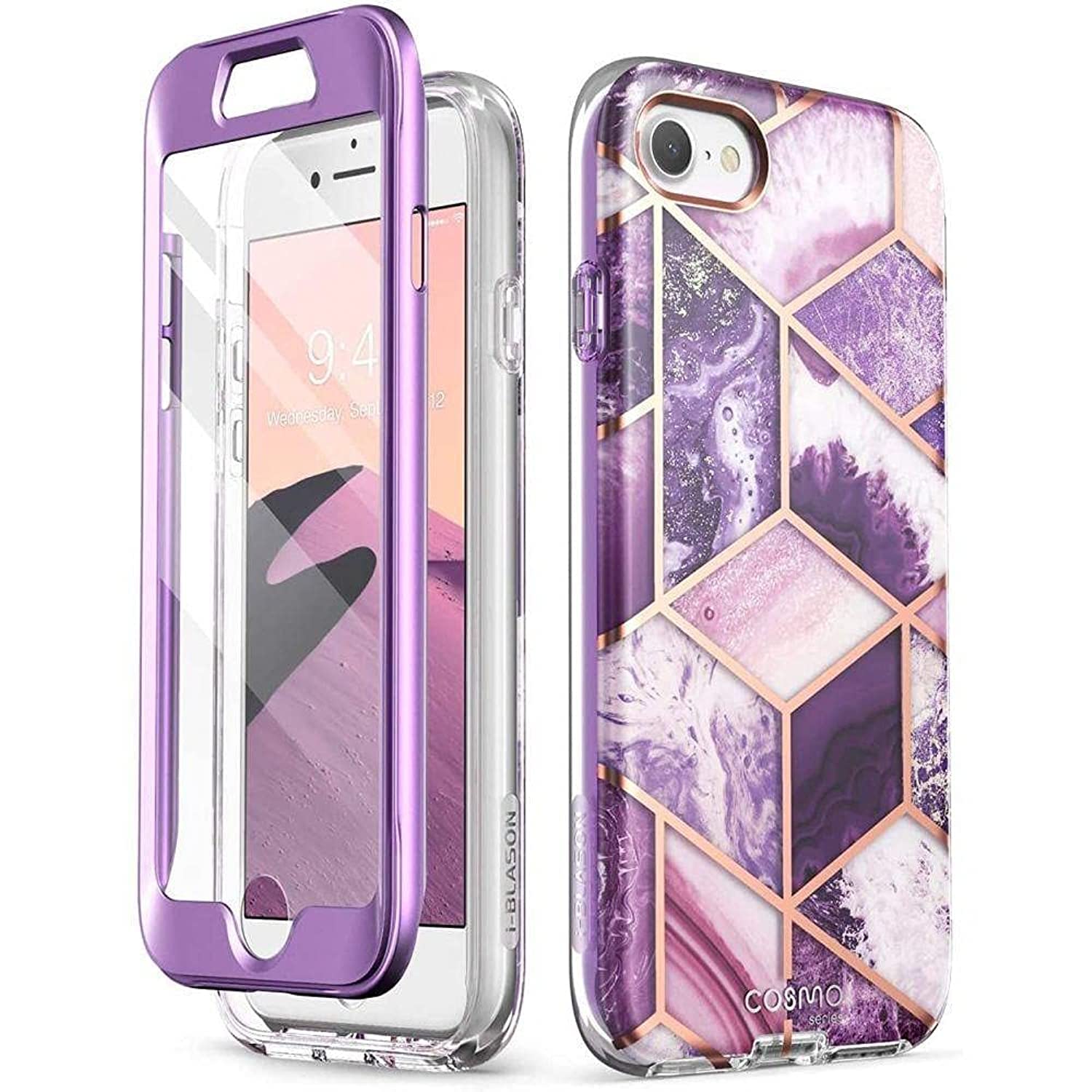 i-Blason Cosmo Series Protective Case for iPhone SE 2022/SE 2020/iPhone 7/8 - Shockproof Bumper Cover with Built-in Screen Protector | Stylish Amethyst Purple Design | Perfect for Daily Use, Work & Outdoor Activities