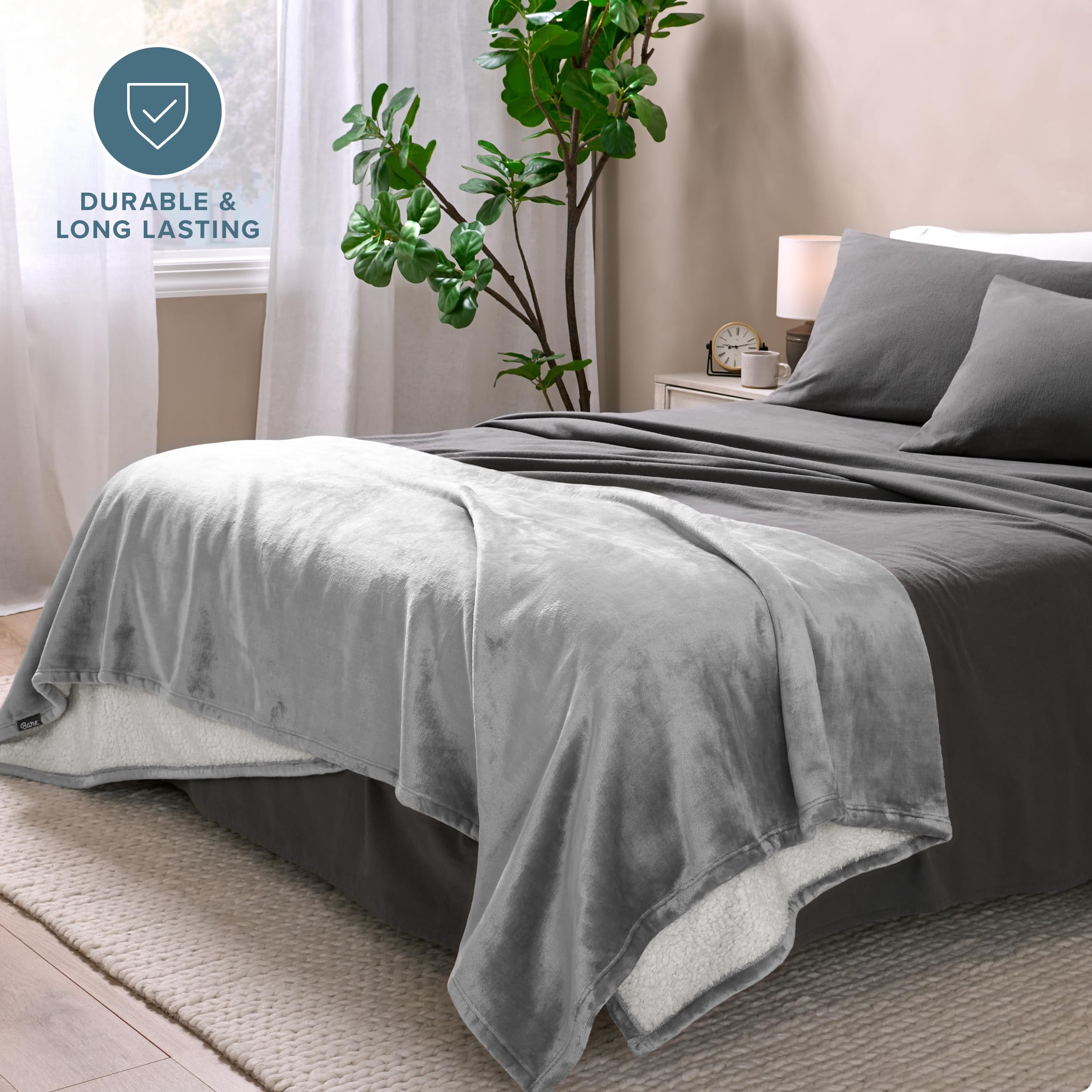 Bare Home Sherpa Fleece Blanket - Ultra Soft Reversible Plush Throw Blanket for Bed, Sofa, Couch - Lightweight & Warm Travel Blanket for Camping, Airplane, Car - Perfect Gift for Christmas, Birthday - Light Grey - Cozy for Movie Nights, Reading & Relaxation
