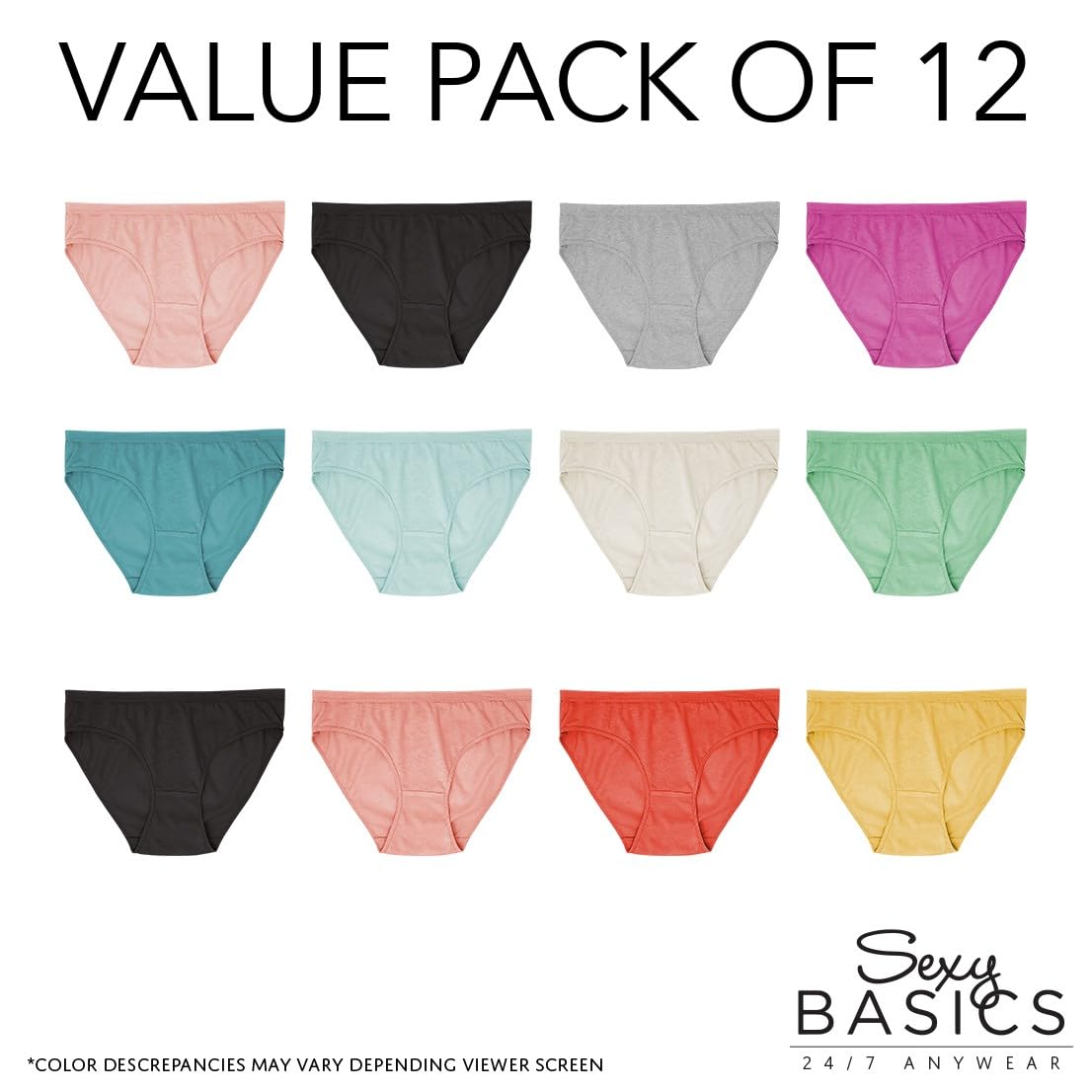 Sexy Basics Women's 12-Pack & 18-Pack High-Cut Bikini Briefs | 100% Cotton Underwear | Comfortable Everyday Wear for Work, Gym & Sleep