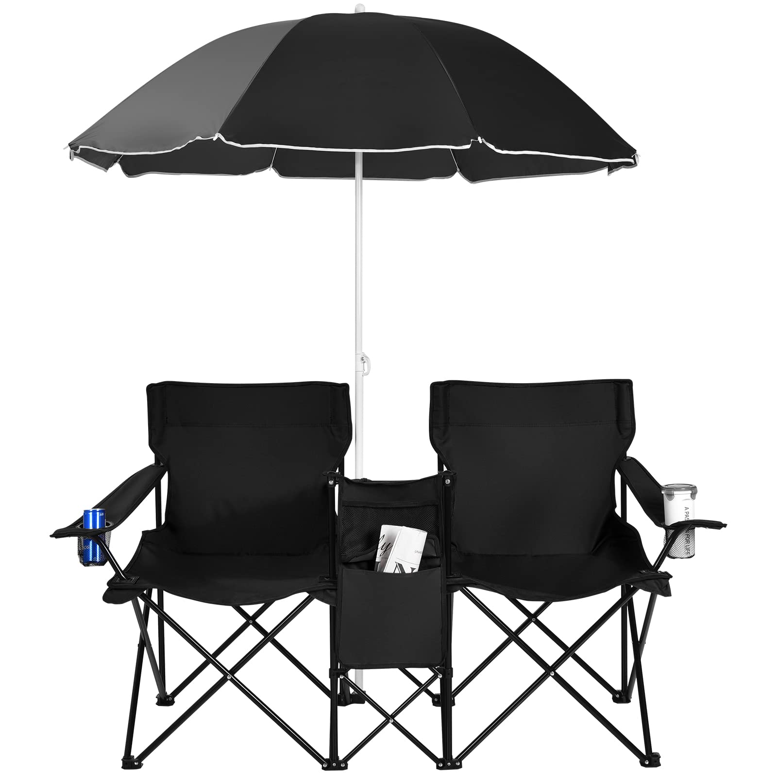 Goplus Double Folding Picnic Chairs with Umbrella, Mini Table & Beverage Holder - Portable Camping Chair for Beach, Patio, Pool, Park - Includes Carrying Bag (Black) - Perfect for Outdoor Relaxation, Backyard BBQs & Summer Adventures