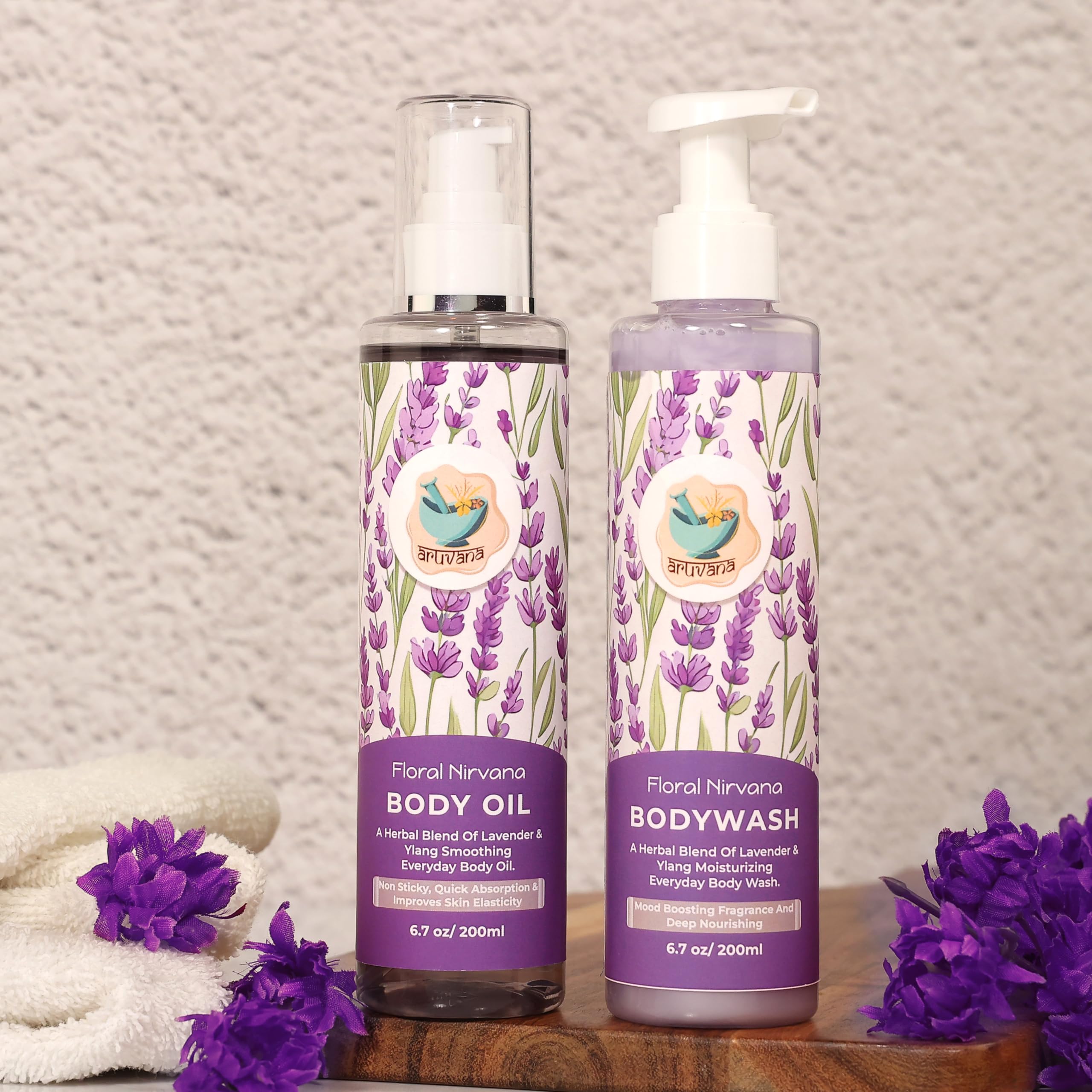 ARUVANA Floral Nirvana Body Wash & Body Oil Gift Set (2-Pack) with Lavender & Ylang Ylang Essential Oils - Moisturizing Body Wash for Soft, Smooth Skin & Non-Greasy Body Oil - Hydrating Skincare for Dry to Very Dry Skin (200ml) - Perfect for Spa Day, Self-Care Routine & Relaxing Bath Time