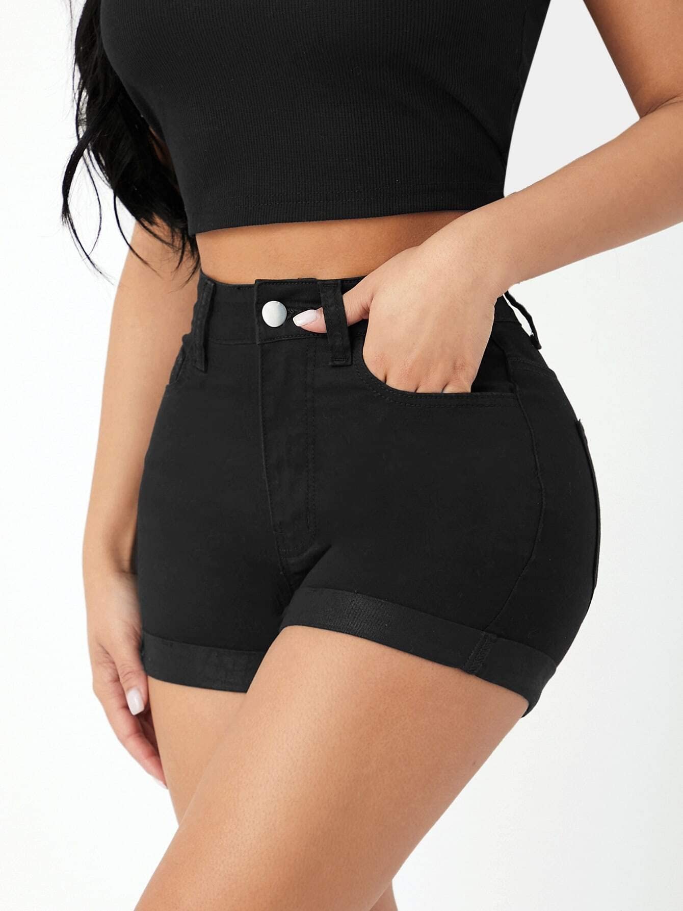 Women's High Waist Ripped Denim Shorts - Roll Up Hem Distressed Jean Shorts (Black, Petite XS) | Perfect for Summer Outfits, Beach Vacations & Casual Street Style