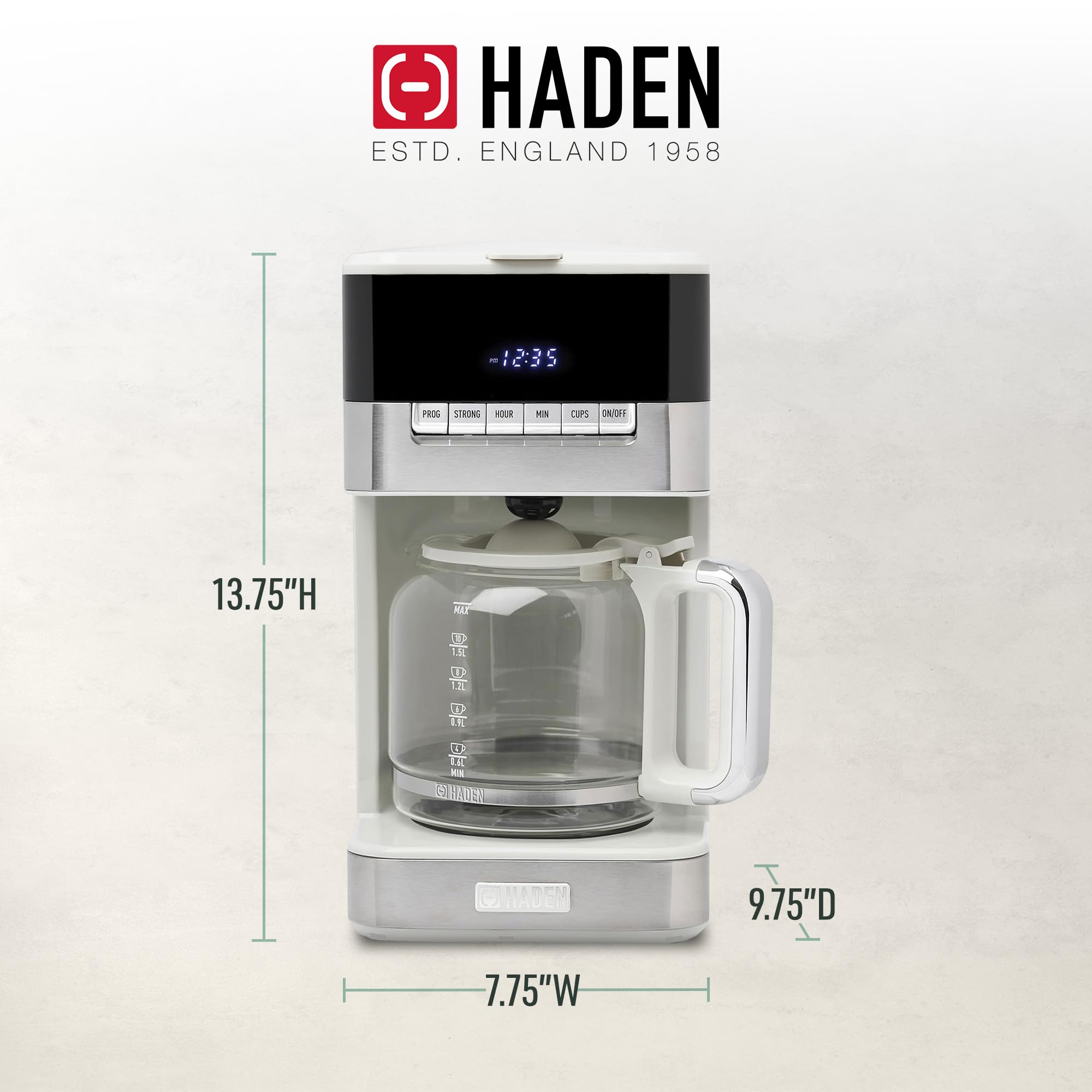 HADEN Quintessential 12 Cup Programmable Coffee Maker with 120-Minute Keep Warm, Delay Brew, Adjustable Strength & Anti-Drip - Ivory/Chrome - Perfect for Home, Office & Morning Brews
