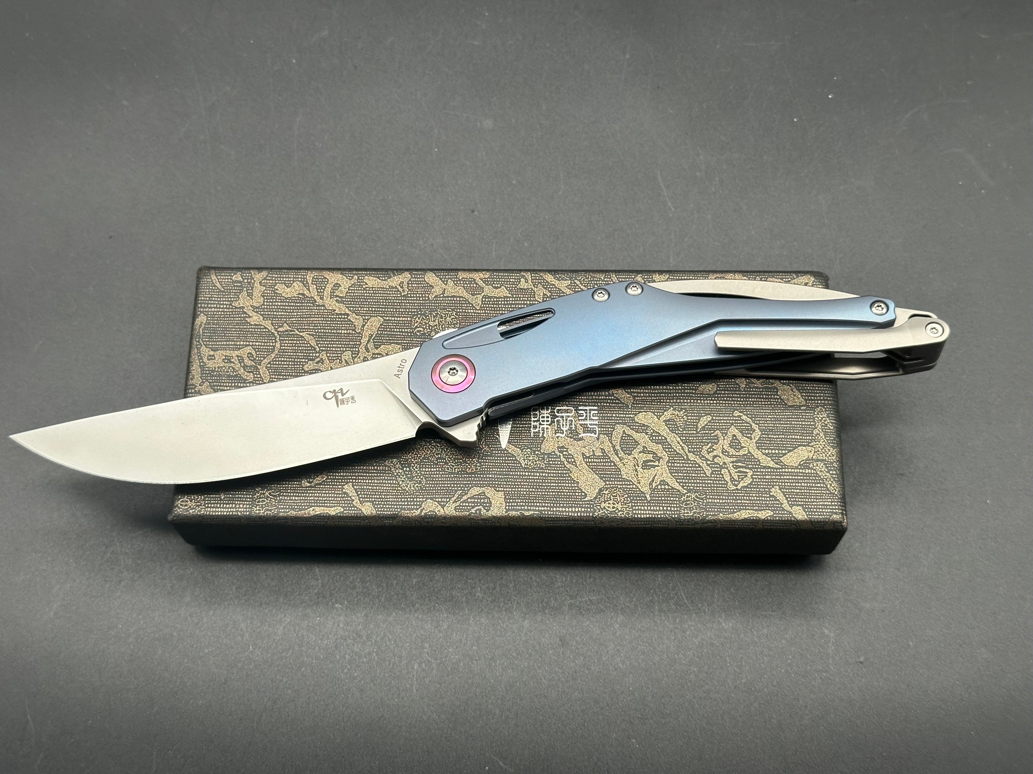 CH Knives Astro Framelock Blue Titanium Folding Pocket Knife - Bohler M390 Steel Blade - EDC, Camping & Outdoor Survival Gear