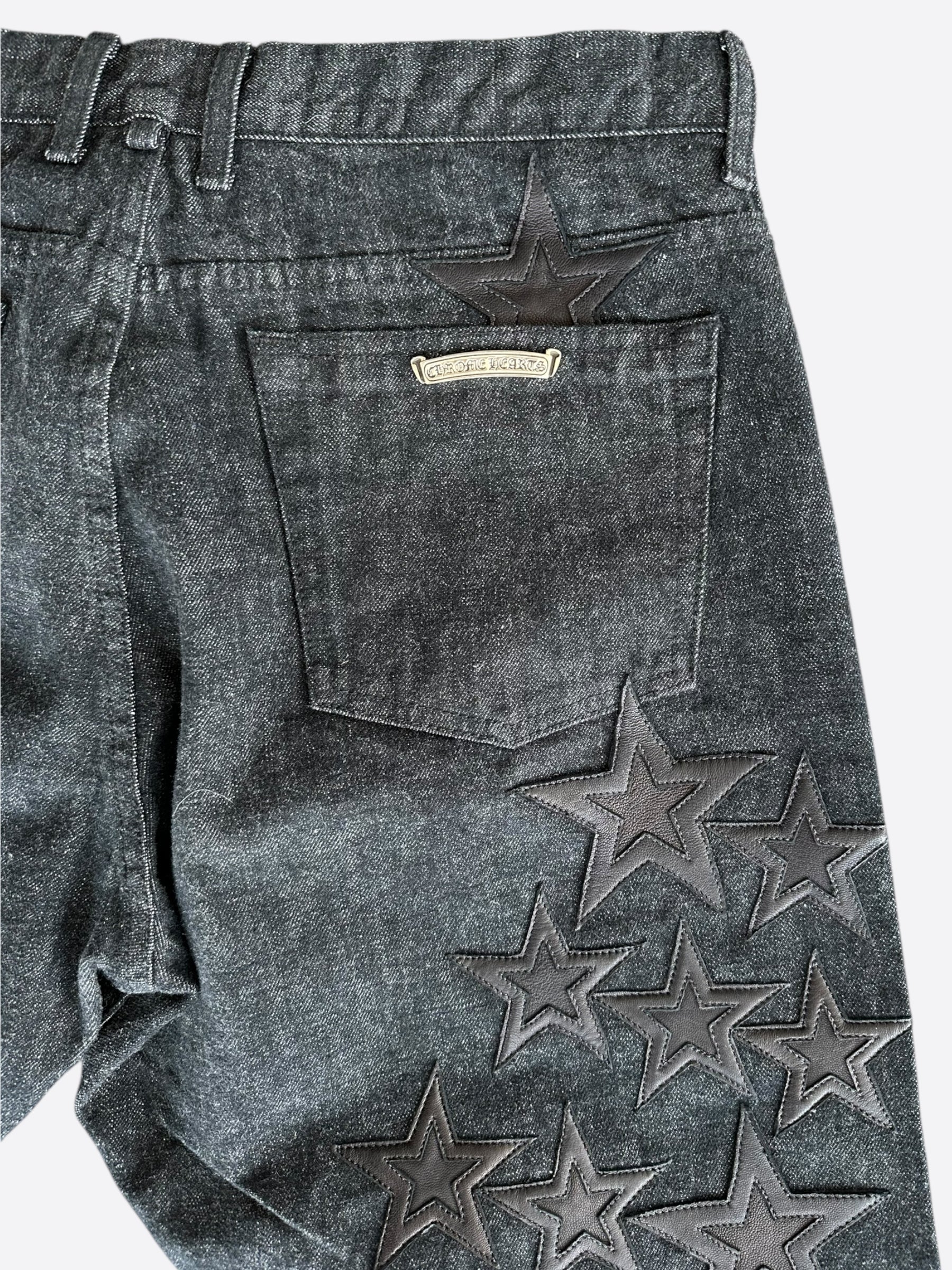Chrome Hearts Grey & Black Star Patch Jeans - Stylish Distressed Denim for Men & Women | Perfect for Streetwear, Casual Outfits & Night Out Looks