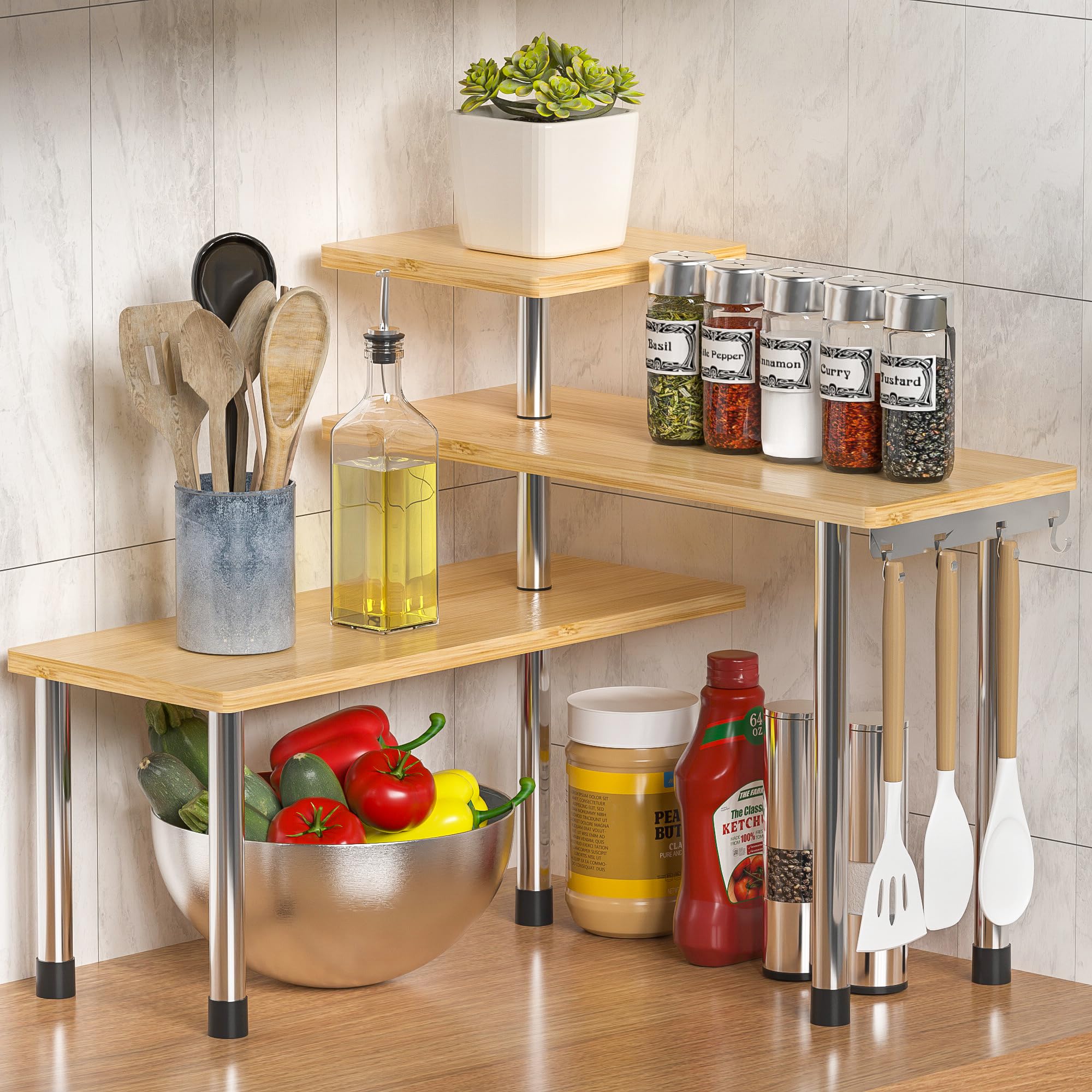 3-Tier Adjustable Corner Shelf with Hooks - Spice Rack for Kitchen, Bathroom Organizer for Makeup & Skincare, Countertop Storage Solution for Coffee Bar, Dresser or Sink Area - Space Saving Home Decor