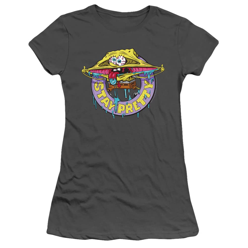 Spongebob Stay Pretty Juniors' Sheer Fitted T-Shirt | Cartoon Character Graphic Tee | Cute & Comfortable Top for Girls | Perfect for Casual Wear, School, and Parties