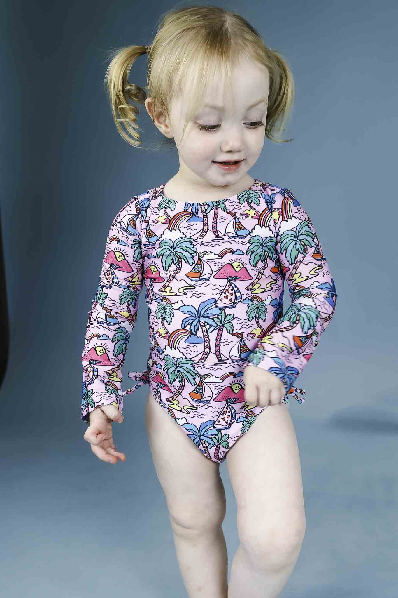 UPF 50 Girls Rash Guard Swimsuit - Long Sleeve Sun Protection Swimwear for Toddler & Kids - Perfect for Beach, Pool & Water Sports