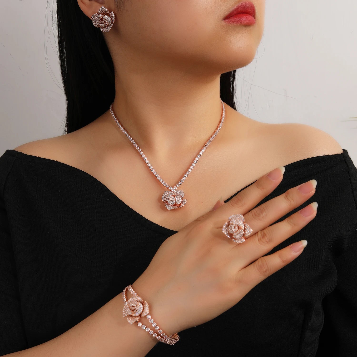 4-Piece Cubic Zirconia Rose Flower Jewelry Set - Pendant Necklace, Earrings, Bracelet & Ring - Bridal Wedding Jewelry for Women - Perfect for Weddings, Anniversaries and Special Occasions