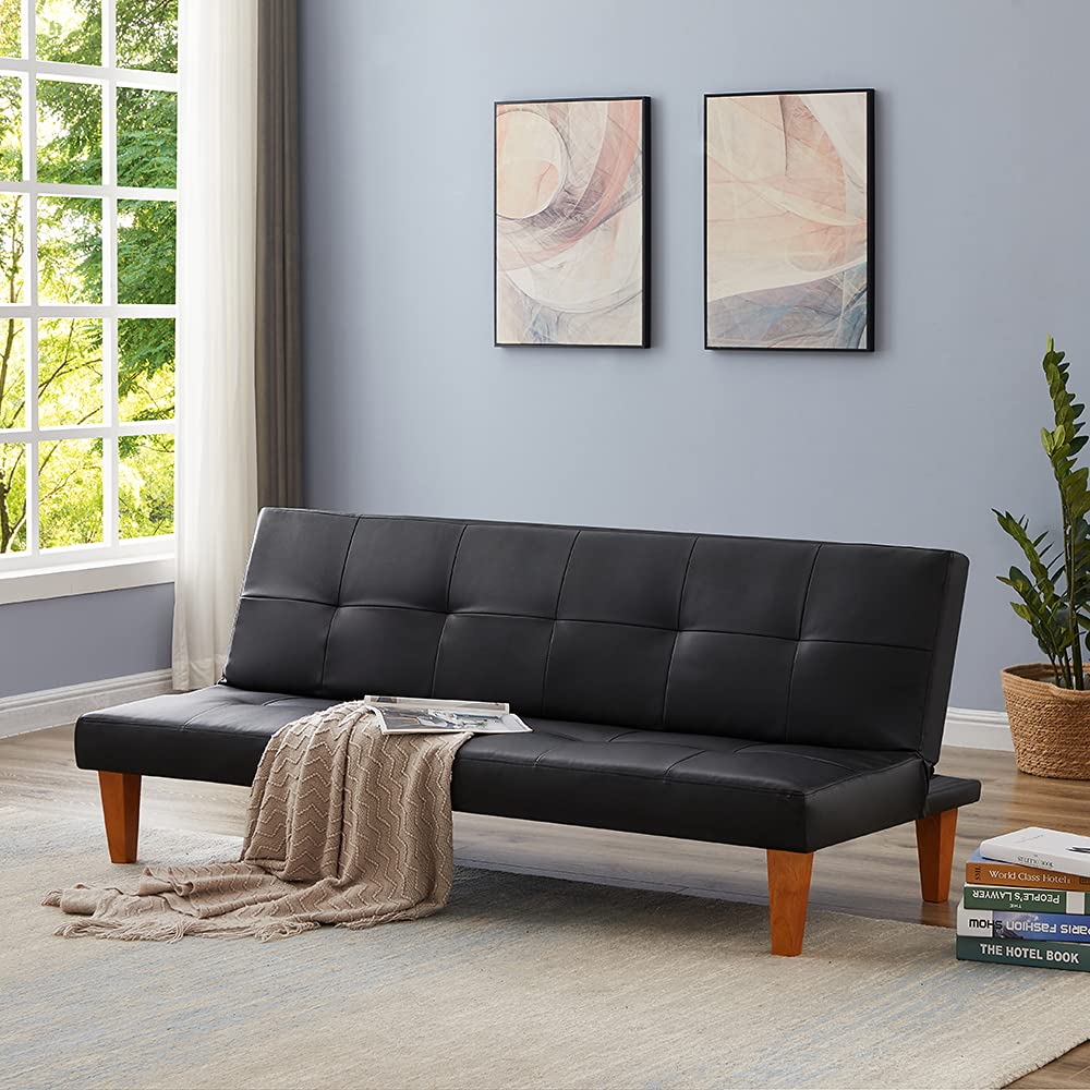 Antetek Convertible Futon Sofa Bed - 3-Position Adjustable Back, Black PU Leather Upholstery for Small Spaces | Perfect for Studio Apartments, Guest Rooms & Home Offices