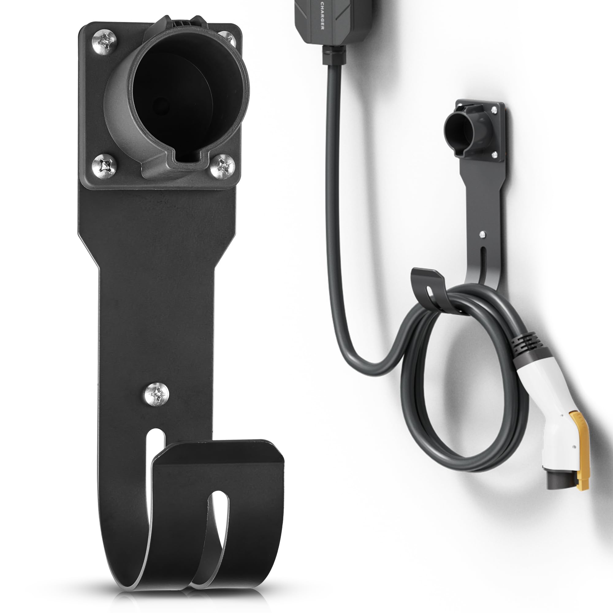 SAE J1772 EV Charger Holder - Wall Mount Nozzle Holster Dock & J-Hook Combo for Electric Vehicle Charging Cable Organization | Perfect for Home Garage, Workplace & Public Charging Stations