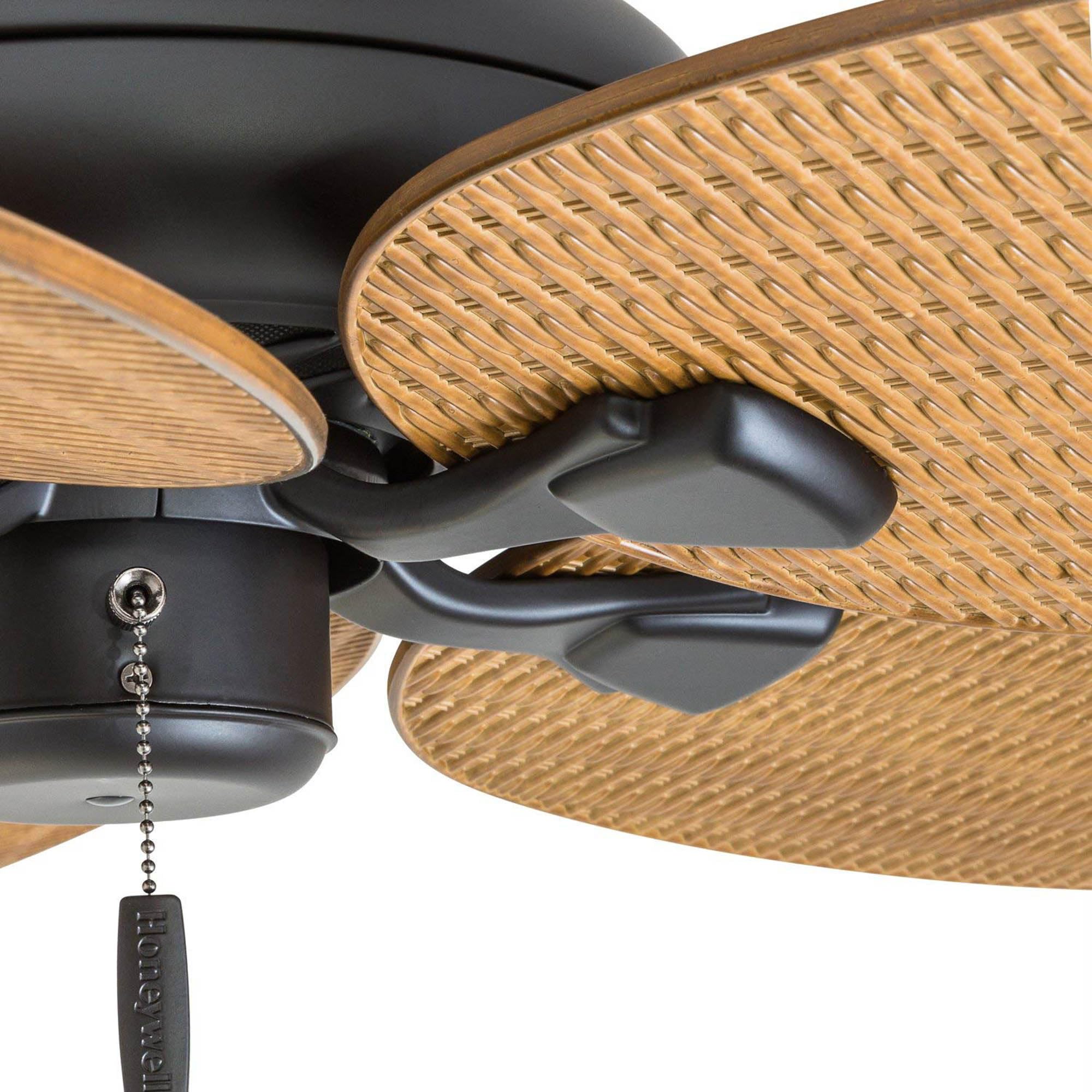 Honeywell 52 Inch Tropical Ceiling Fan for Indoor & Outdoor Use - No Light, Pull Chain, 3 Mounting Options, 5 Palm Leaf Blades, Damp-Rated (Model 50505-01, Bronze) - Perfect for Patio, Porch, Living Room & Bedroom Cooling