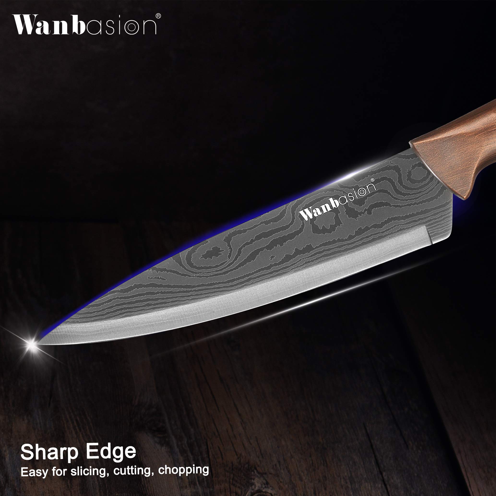 Wanbasion Matte Black Titanium Plated Stainless Steel Professional Chef Knife Set, Dishwasher Safe Damascus Style Kitchen Knives for Home Cooking and Gourmet Prep