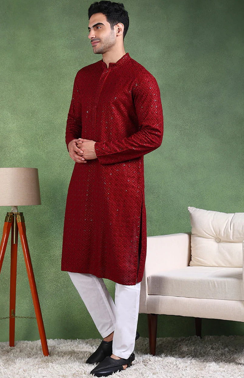 Elegant Chikankari Kurta for Men - Stylish Maroon Embroidered Tunic for Casual Wear & Festive Occasions