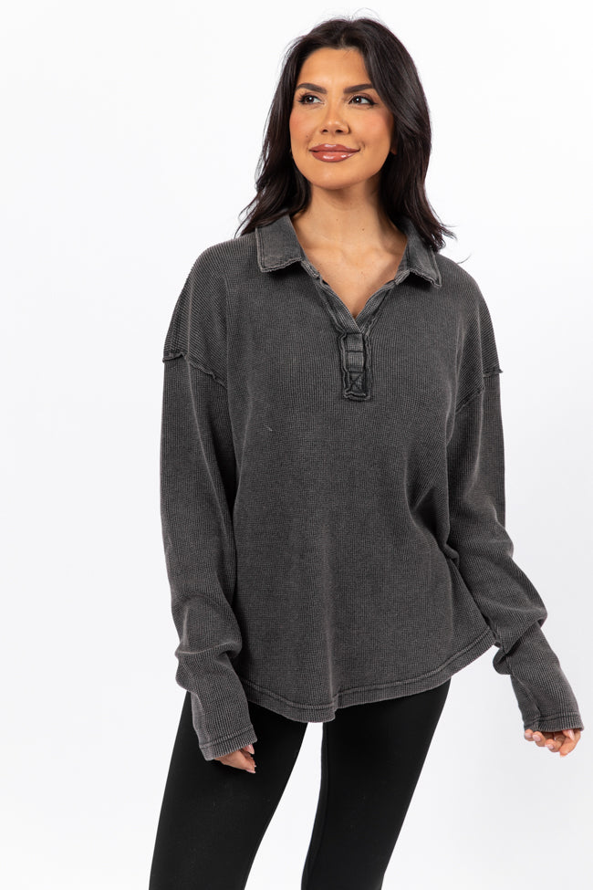 Leaf Your Worries Black Acid Washed Waffle Collared Top - Stylish Women's Casual Shirt for Everyday Wear, Date Night & Office Outfits