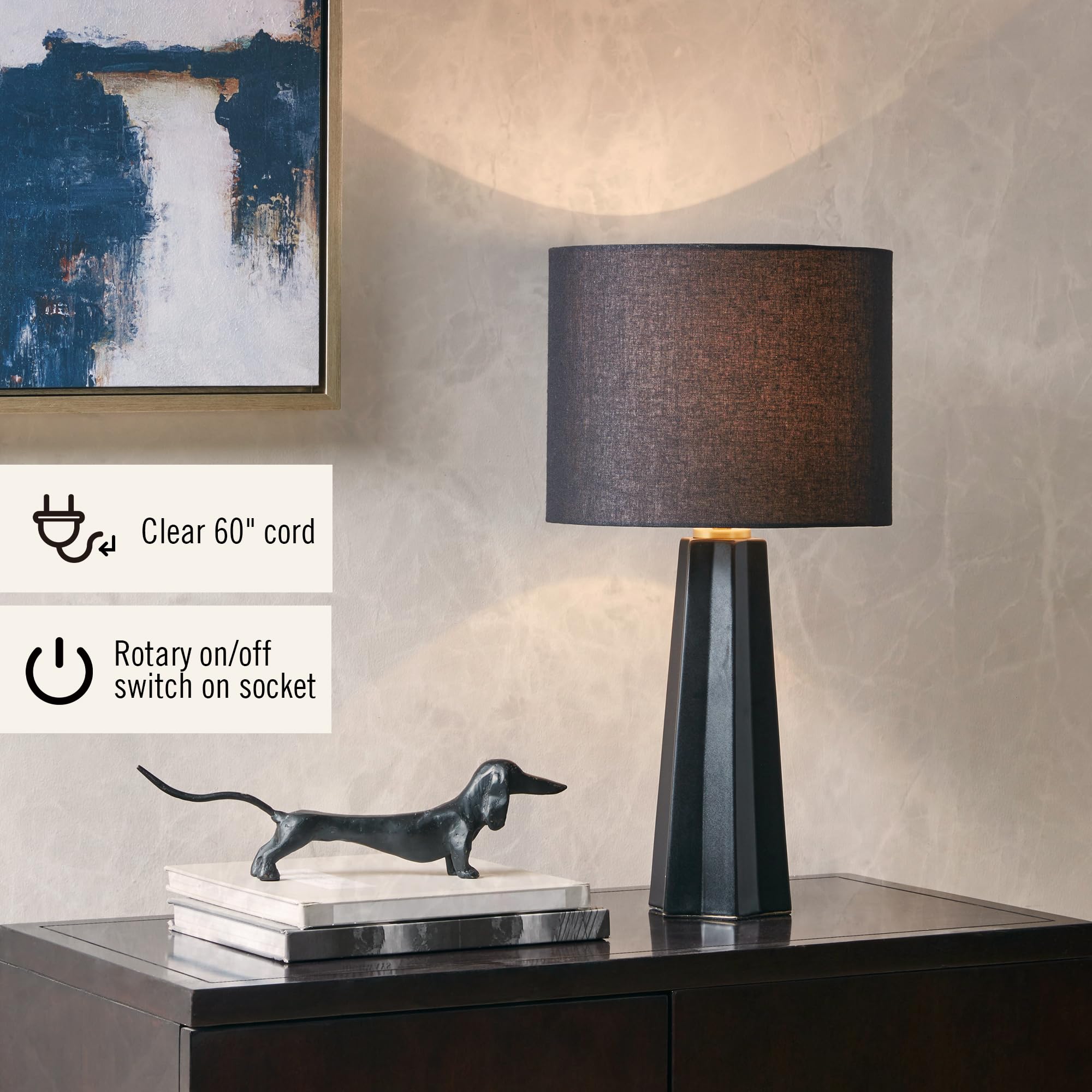 INK+IVY Matte Black Ceramic Table Lamp - Modern Geometric Nightstand Lamp with Linen Drum Shade, Fluted Design, Rotary Switch & Polarized Plug, 22
