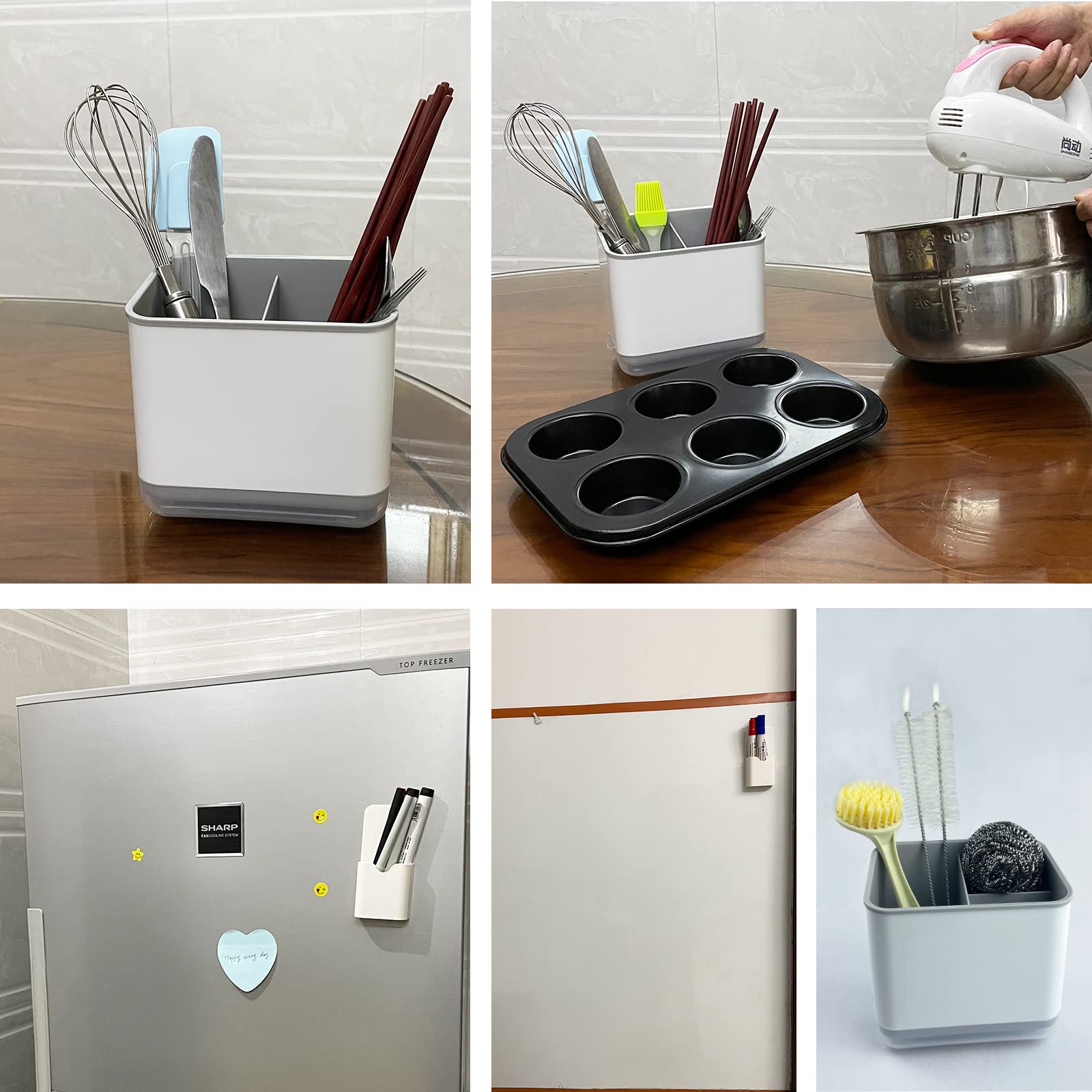 YEUPYL Kitchen Sink Countertop Cutlery Holder - 3 Compartment Flatware Storage Organizer for Spoons, Forks, and Knives with Magnet Storage, Gray & White - Perfect for Kitchen Sink Organization and Utensil Accessibility