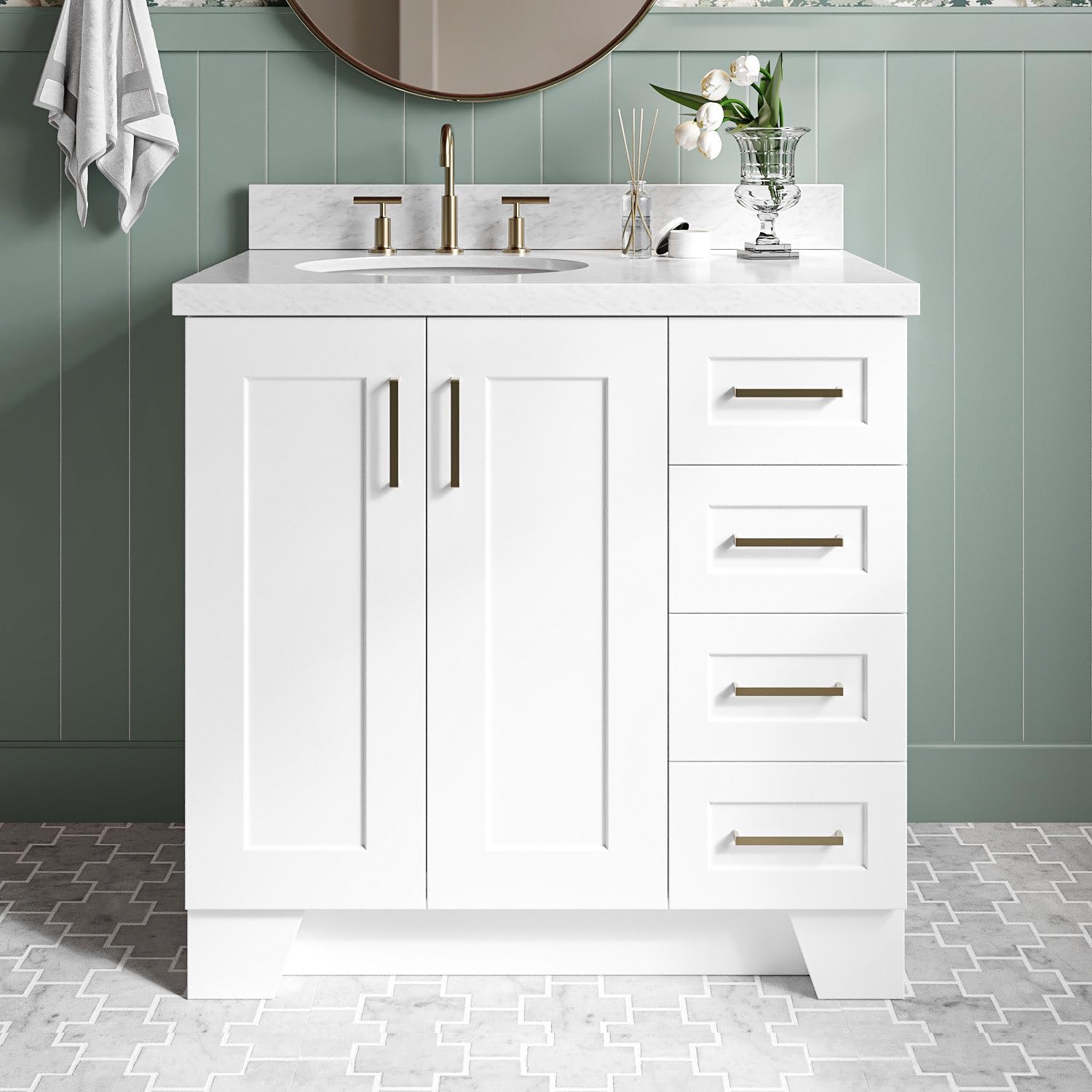 ARIEL Taylor 37 Inch White Bathroom Vanity with Sink - Solid Wood Base Cabinet, Carrara Marble Countertop, Left Rectangular Undermount Single Sink, 2 Soft Closing Doors & 5 Drawers - Perfect for Modern Bathroom Renovation, Small Space Design, and Luxury Home Upgrade