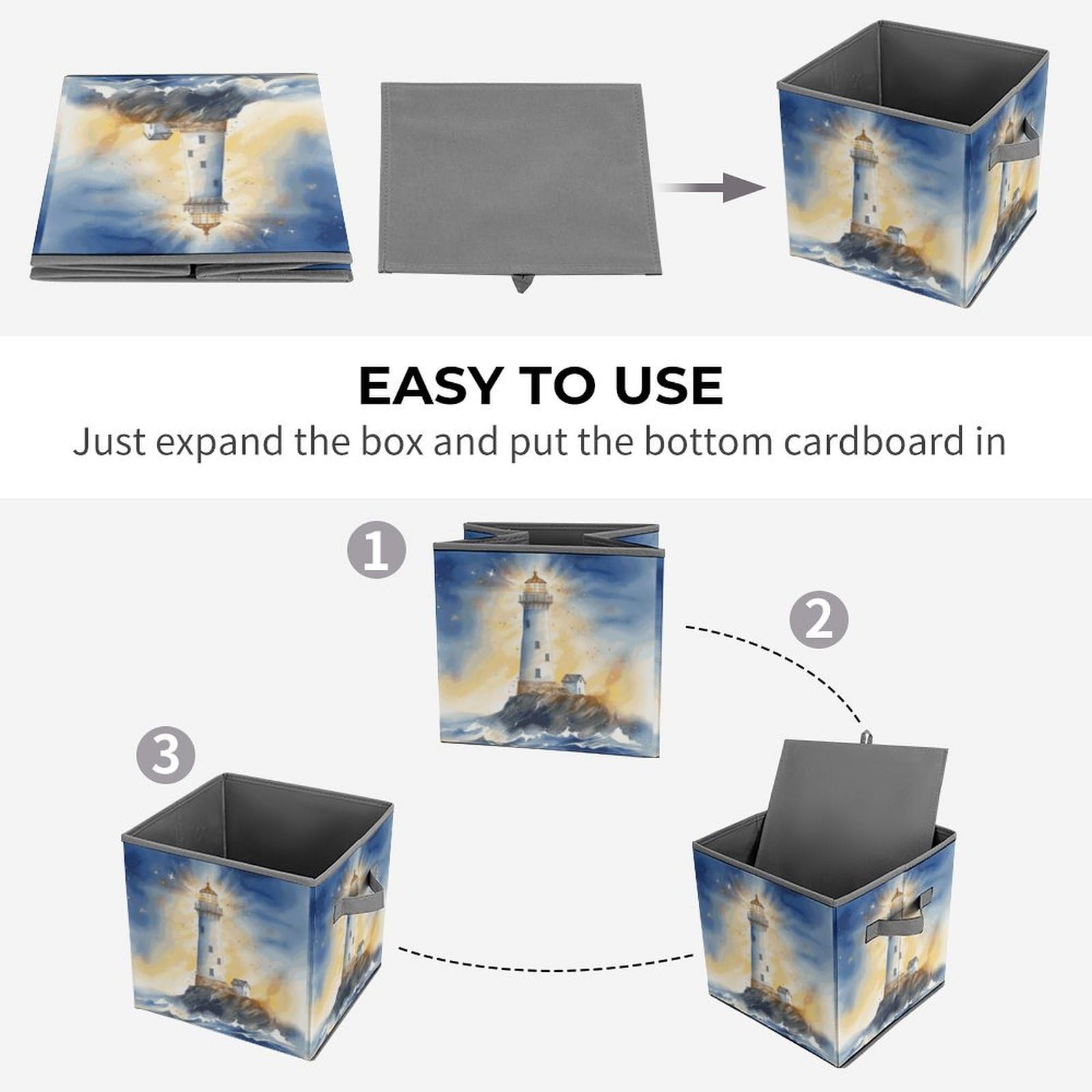 Collapsible Storage Bins with Handles - Printed Lighthouse Design for Home Organization