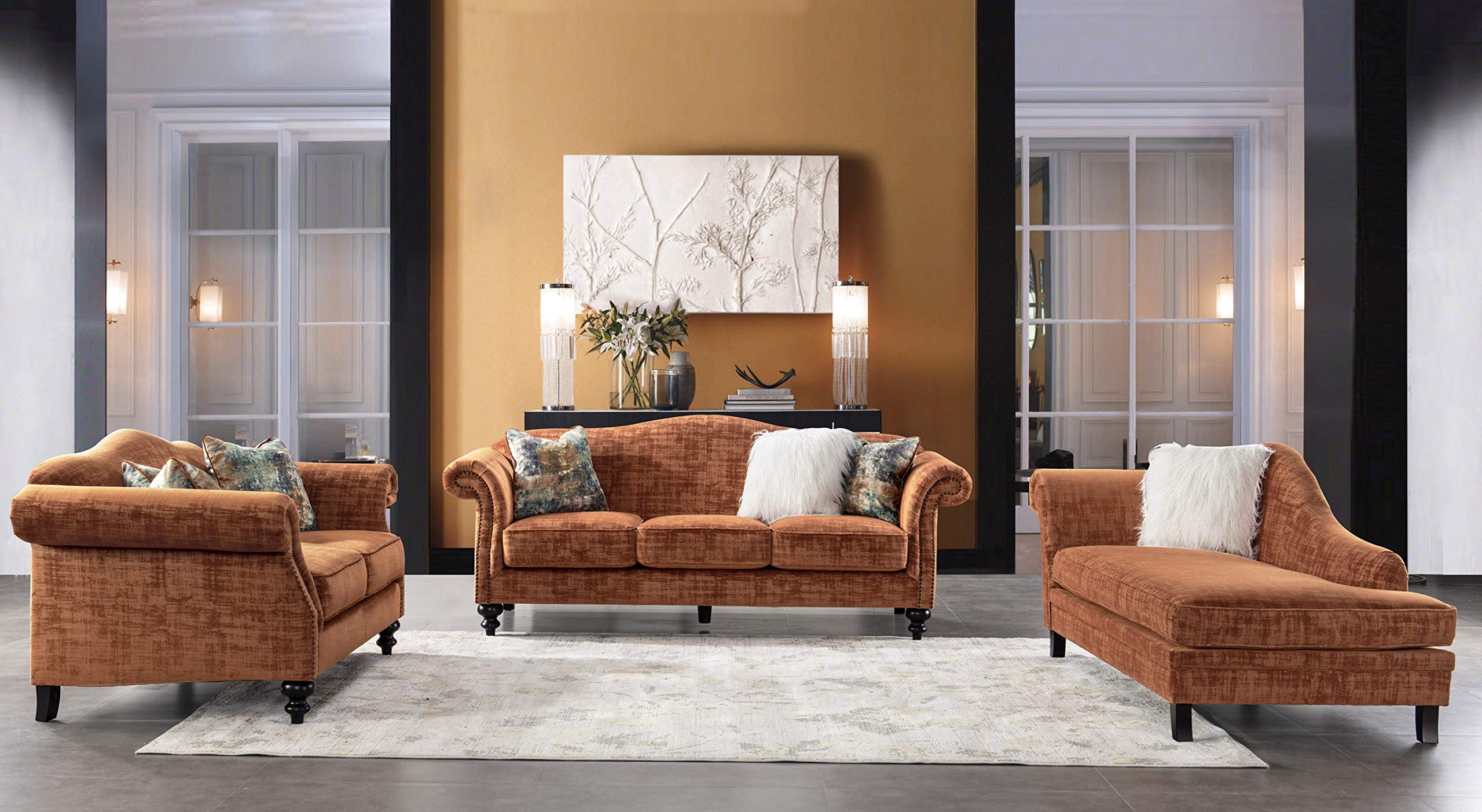 Mid-Century Modern Velvet Sofa Set - 3 Piece Living Room Furniture in Tangerine | Acanva Collection Vintage Camelback Couch | Perfect for Lounge, Apartment & Contemporary Home Decor