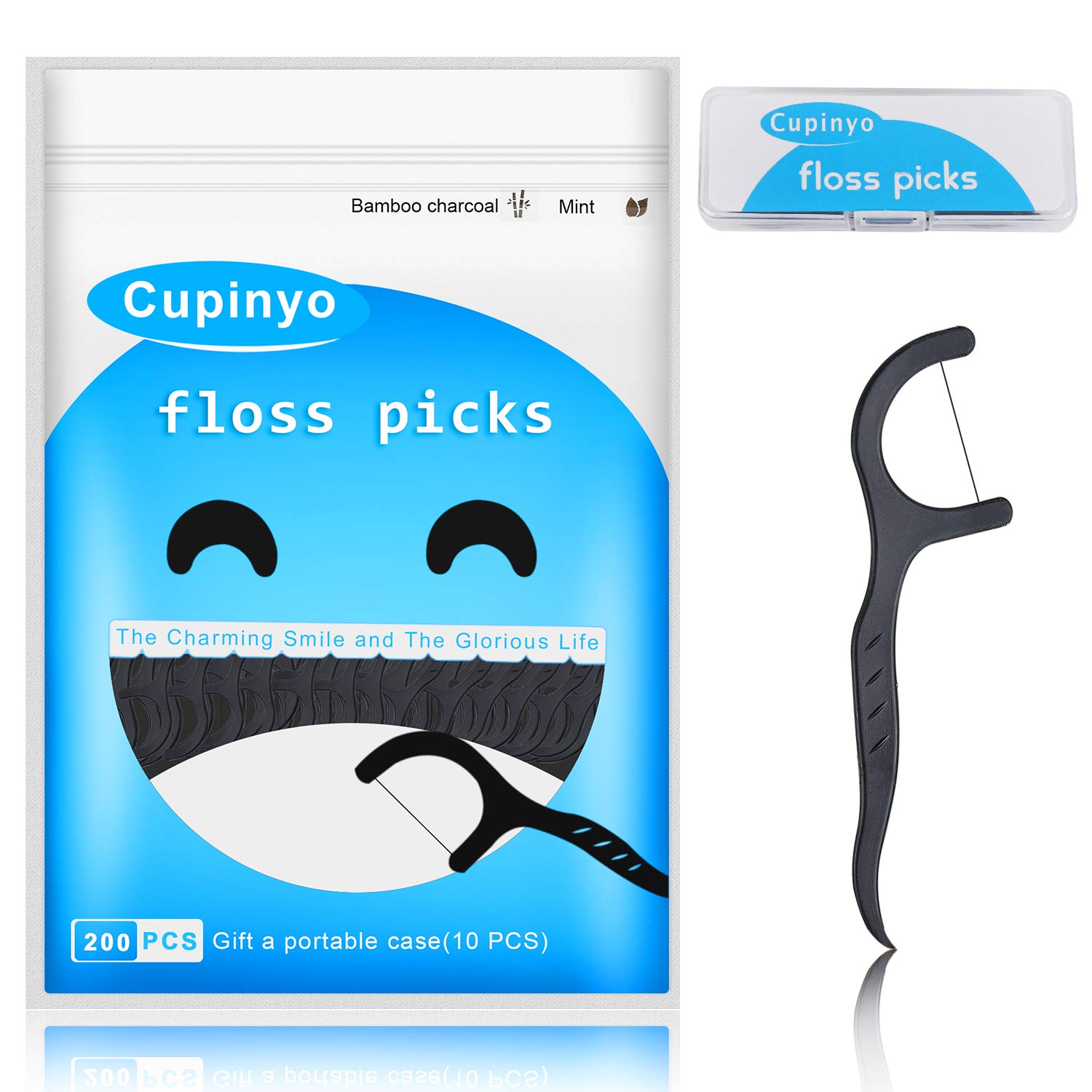 Premium Cupinyo Dental Floss Picks - 200 Count Mint Flavored Activated Charcoal Teeth Cleaning Sticks with Travel Case | Gentle Plaque Removal, Fresh Breath | Perfect for Travel, Office & Home Oral Care