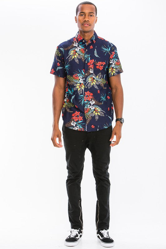 Hawaiian Button Down Shirt for Men - Tropical Floral Print Short Sleeve Casual Shirt - Perfect for Beach Vacation, Summer Party & Luau Events
