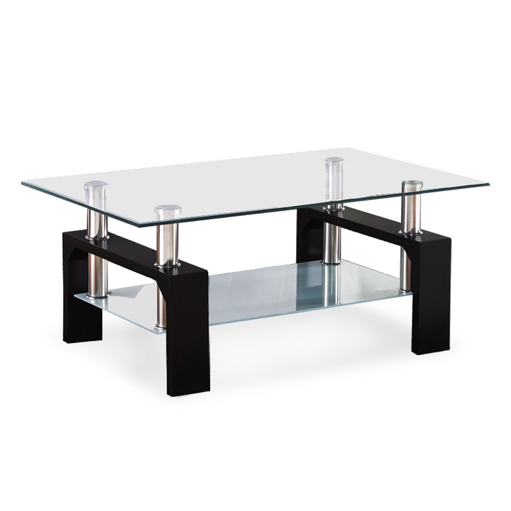Modern Rectangle Glass Coffee Table with Lower Shelf & Black Wooden Legs - Stylish Living Room Furniture for Small Spaces, Apartments & Home Decor