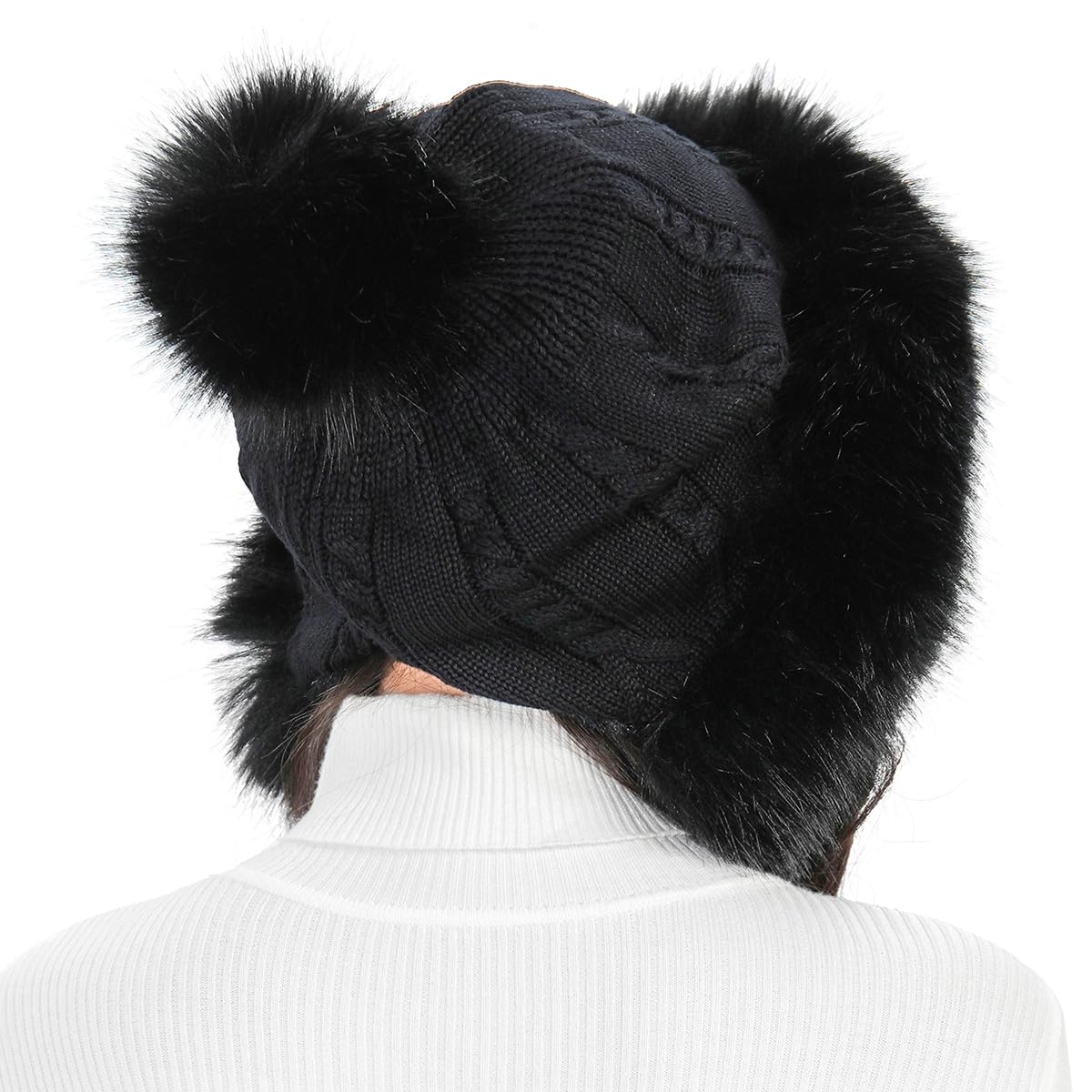 S.ROMZA Women's Faux Fur Knitted Beanie Hat with Pompom - Warm Winter Skull Cap with Ear Flaps - Soft Fleece Lined Snow Hat for Cold Weather - Perfect for Skiing, Snowboarding & Outdoor Activities