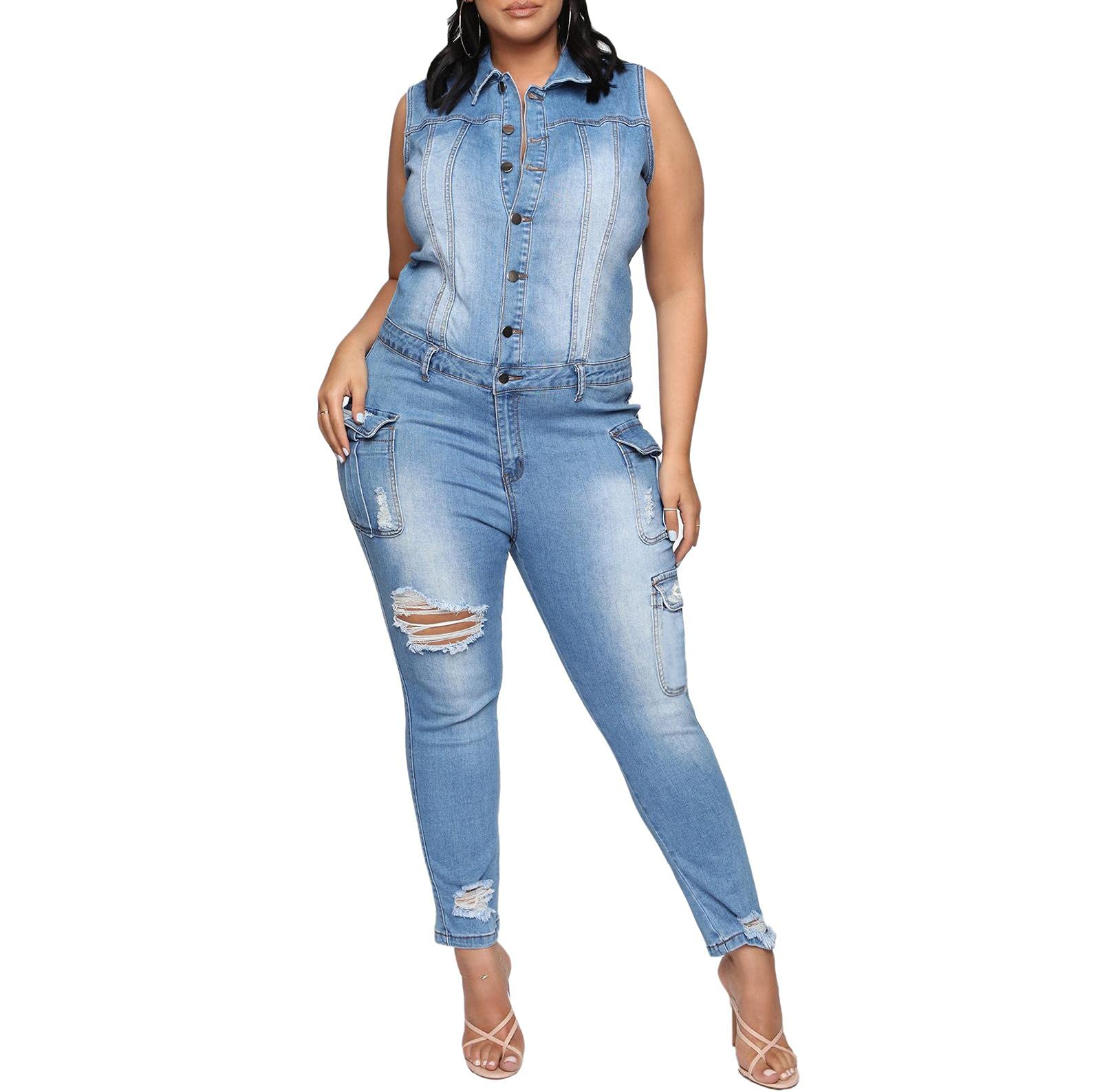 Women's Denim Jumpsuit - Sexy Slim Fit Romper Jeans for Casual Outings & Date Nights | Stretchy Comfortable One-Piece Outfit