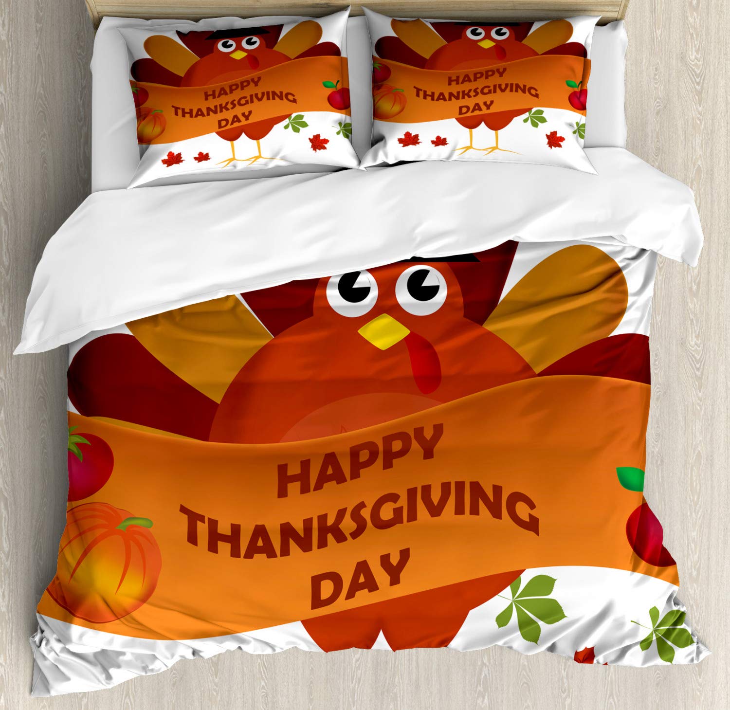 Ambesonne Turkey Duvet Cover Set 3-Piece | Farm Animal Mascot & Harvest Theme with Pumpkin Apple Design | California King Size Multicolor Bedding | Perfect for Thanksgiving Decor & Cozy Farmhouse Bedrooms