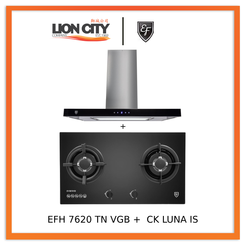 EF CK LUNA 90cm Island Hood with EF EFH 7620 TN VGB Glass Hob - Modern Kitchen Ventilation for Open-Plan Living Spaces