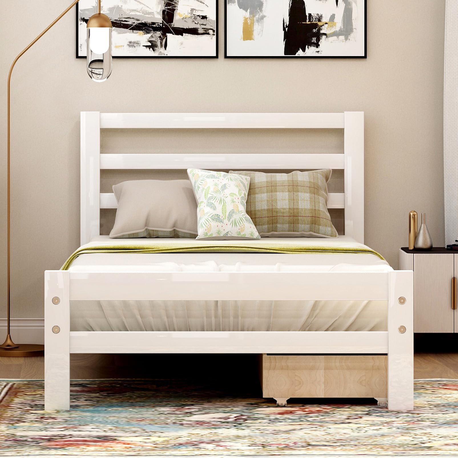 **Twin Size Modern Platform Bed Frame with 2 Storage Drawers & Headboard - Solid Wood Slat Support, No Box Spring Needed - Country Style Bedroom Furniture for Boys & Girls (White) - Perfect for Small Spaces, Kids' Rooms & Guest Bedrooms**