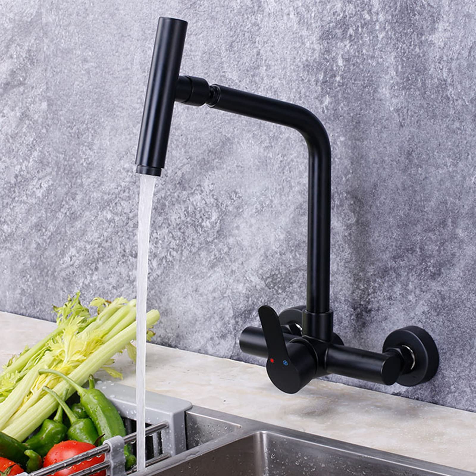 Wall Mounted Black Stainless Steel Kitchen Sink Faucet - Hot & Cold Water Rotating Sprayer for Modern Farmhouse, RV, and Commercial Use