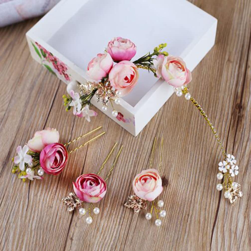 4 Pcs Rose Bridal Hair Clips for Women - Floral U-Shaped Hairpins, Side Combs & Hair Claws for Weddings, Parties & Special Occasions | Minkissy Bridal Accessories