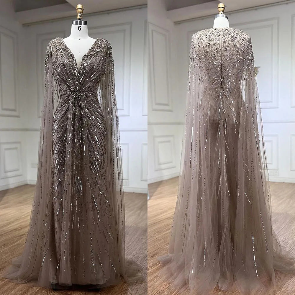 Serene Hill Arabic Turquoise Mermaid Beaded Cape Sleeves Elegant Evening Dress Gown 2025 for Women - Wedding, Prom, Gala & Special Occasion Formal Wear