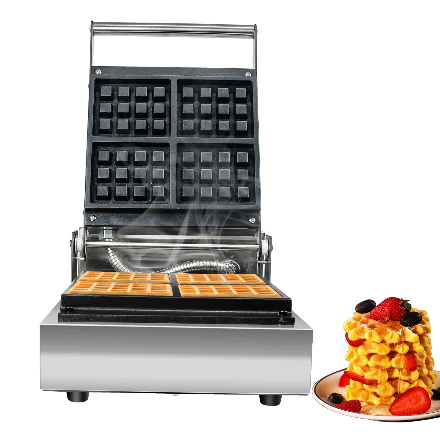 Li Zhen Commercial Waffle Maker - Electric Nonstick Round Waffle Machine with 4 Slices, Mini Waffle Iron for Classic Waffles & Square Pancakes - Perfect for Kids Breakfast, Family Brunch & Cafe Use