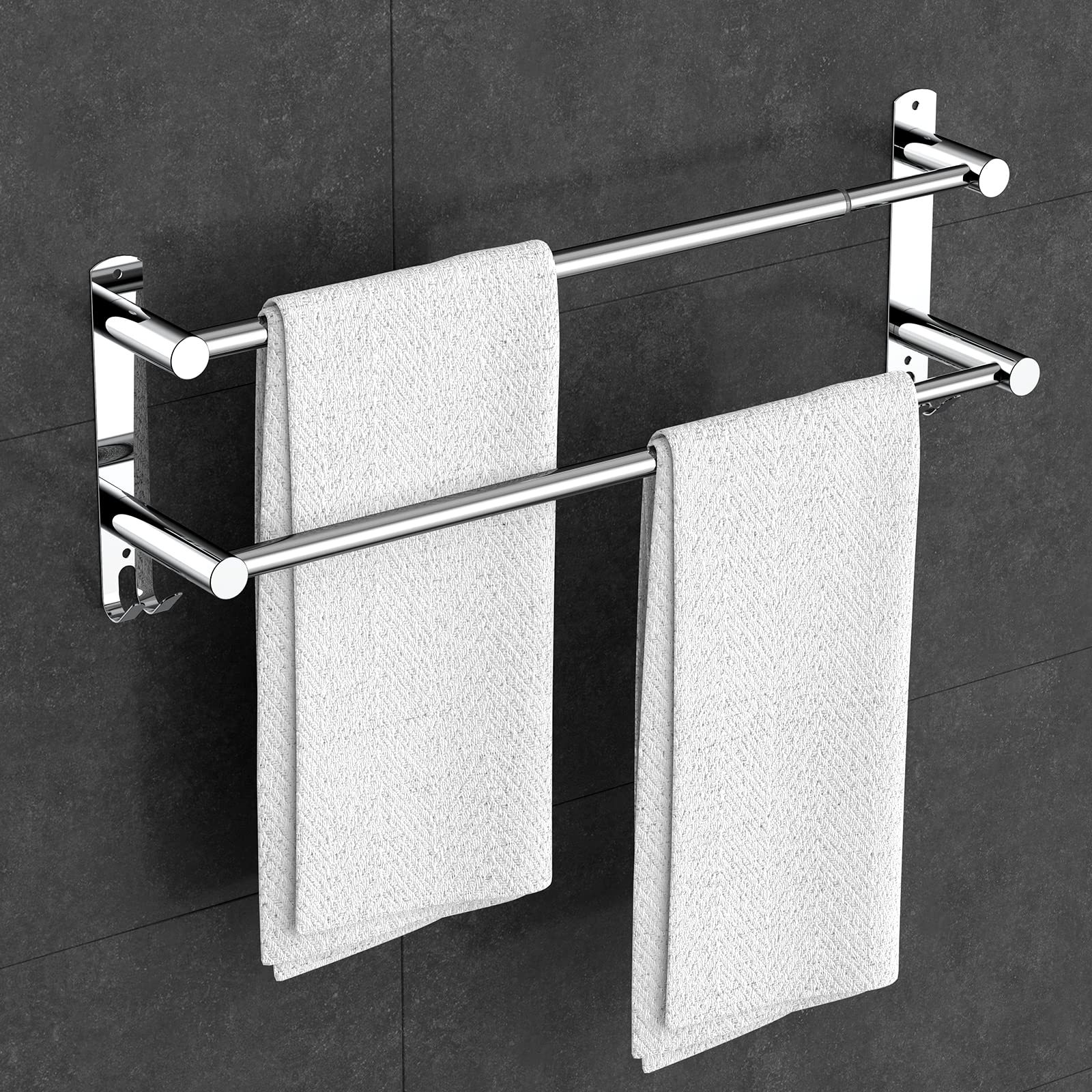 Stretchable 24-30 Inches Stainless Steel Towel Bar - Rustproof SUS304 No Drill Self-Adhesive Wall Mount for Bathroom & Kitchen - Perfect for Hand Towels, Dish Cloths & More (2 Bars) - Ideal for Small Spaces, Apartments & RVs