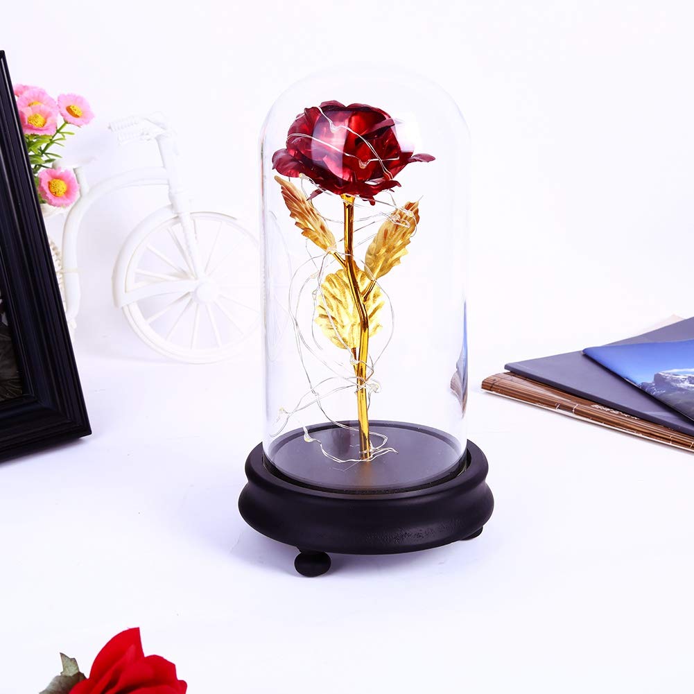 24K Gold Rose Galaxy Flower in Glass Dome with LED Light - Romantic Gift for Wedding, Valentine's Day, Mother's Day, Christmas | Perfect for Anniversary, Birthday & Home Decor